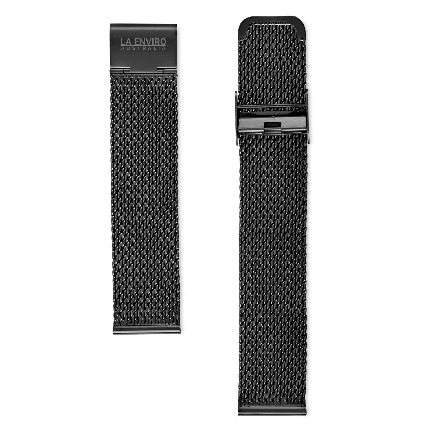 Black Mesh Wrist Strap made of stainless steel, featuring a quick release pin and engraved buckle, designed for comfort and style.