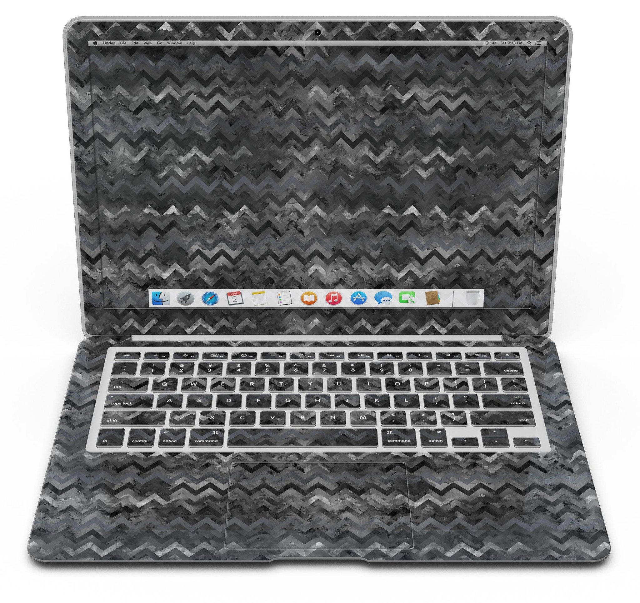 Black Multi Watercolor Chevron MacBook Air skin kit showcasing vibrant colors and patterns designed for protection and style.