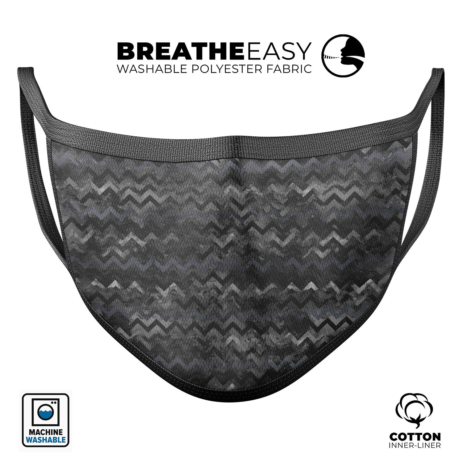 Black Multi Watercolor Chevron mouth cover, showcasing a stylish design with adjustable ear loops for a comfortable fit.