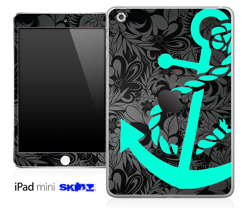 Black Paisley Floral and Trendy Green Anchor Skin for iPad Mini, showcasing vibrant floral patterns and an anchor design.