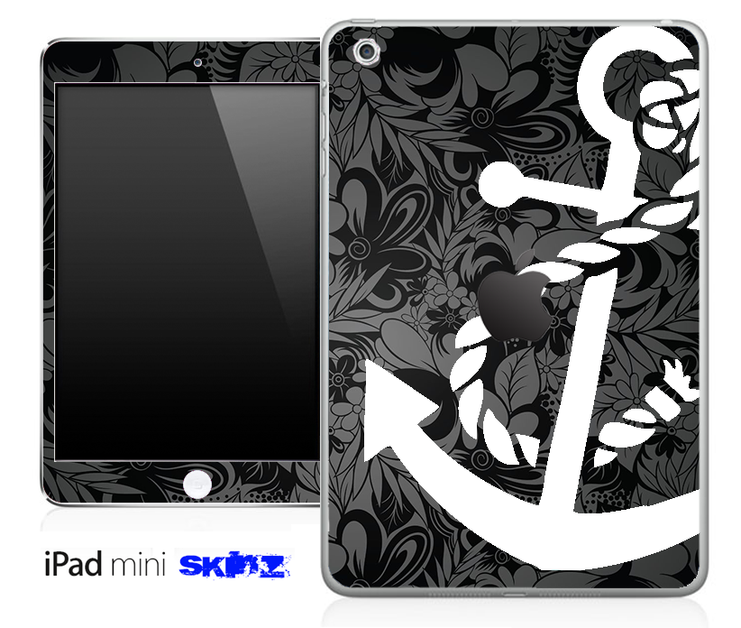 Black Paisley Floral and White Anchor Skin for iPad Mini, showcasing intricate floral patterns and an anchor design.