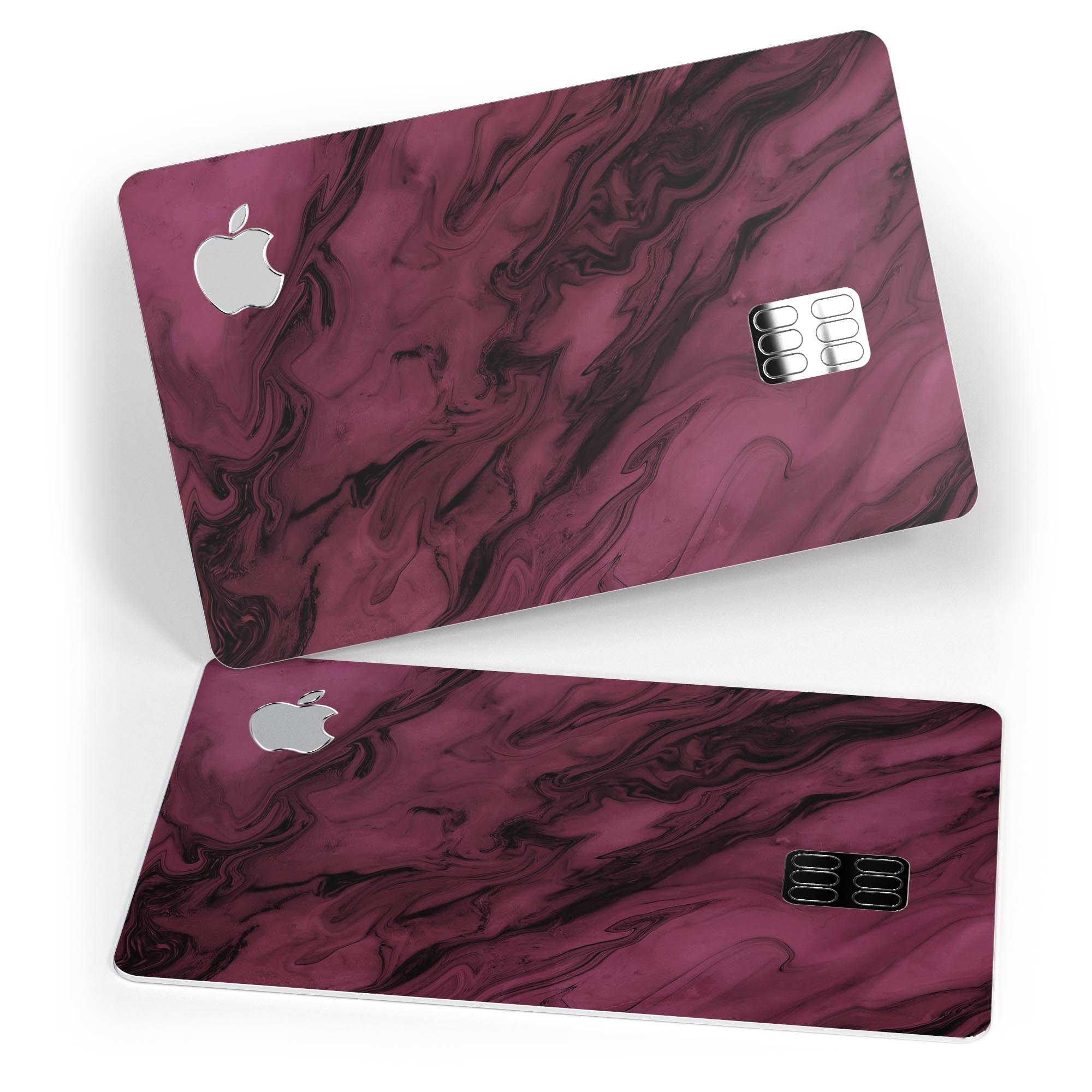 Black and pink marble swirl design skin for Apple Card, showcasing premium vinyl texture and vibrant colors.
