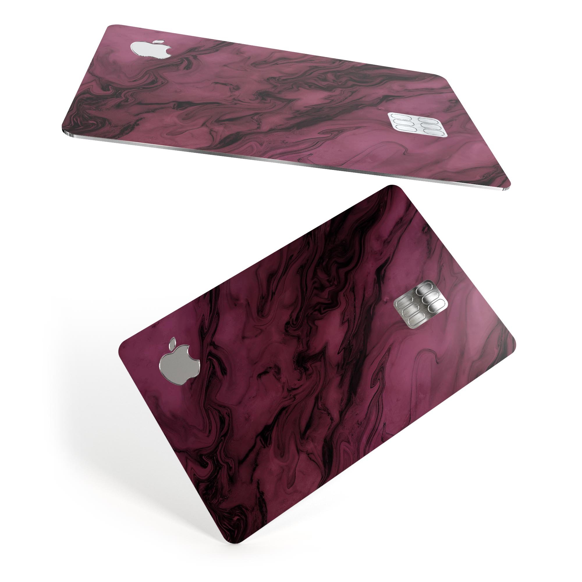 Black and pink marble swirl design skin for Apple Card, showcasing premium vinyl texture and vibrant colors.
