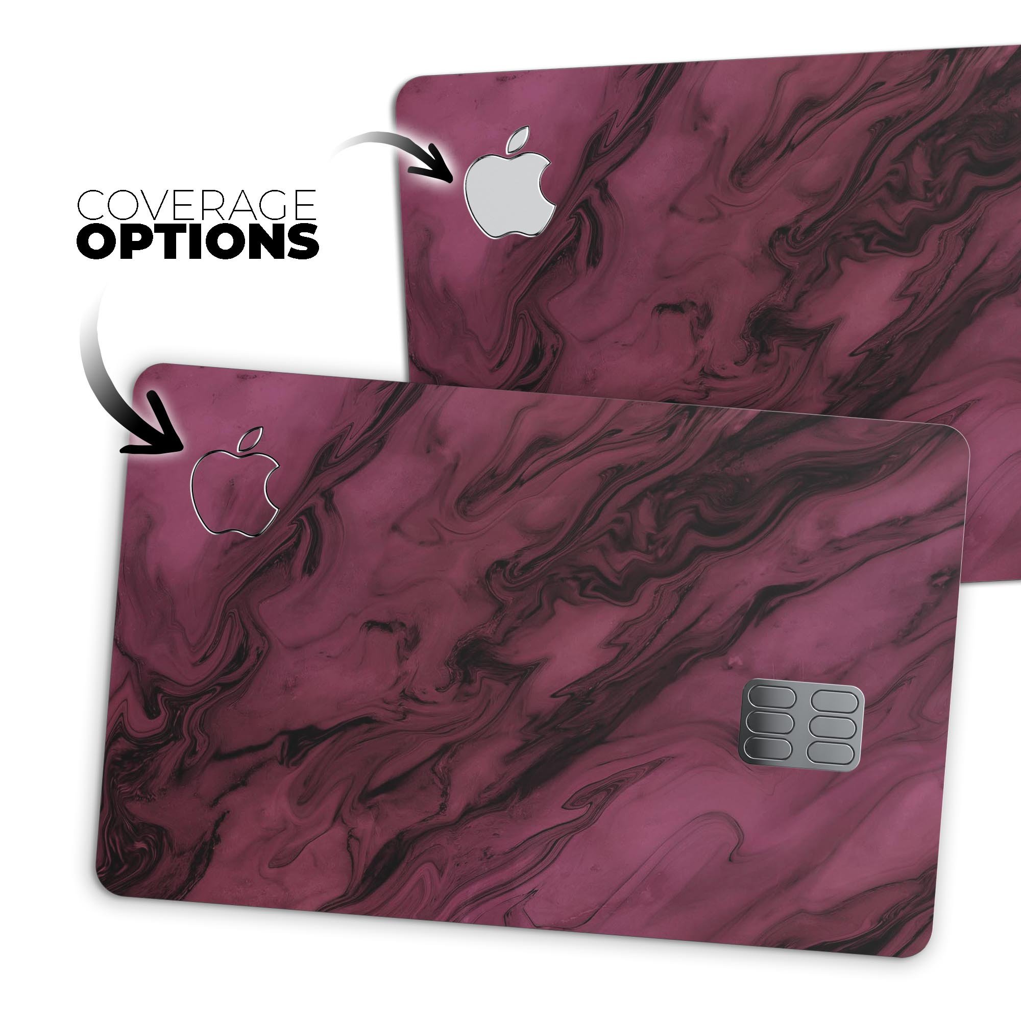 Black and pink marble swirl design skin for Apple Card, showcasing premium vinyl texture and vibrant colors.
