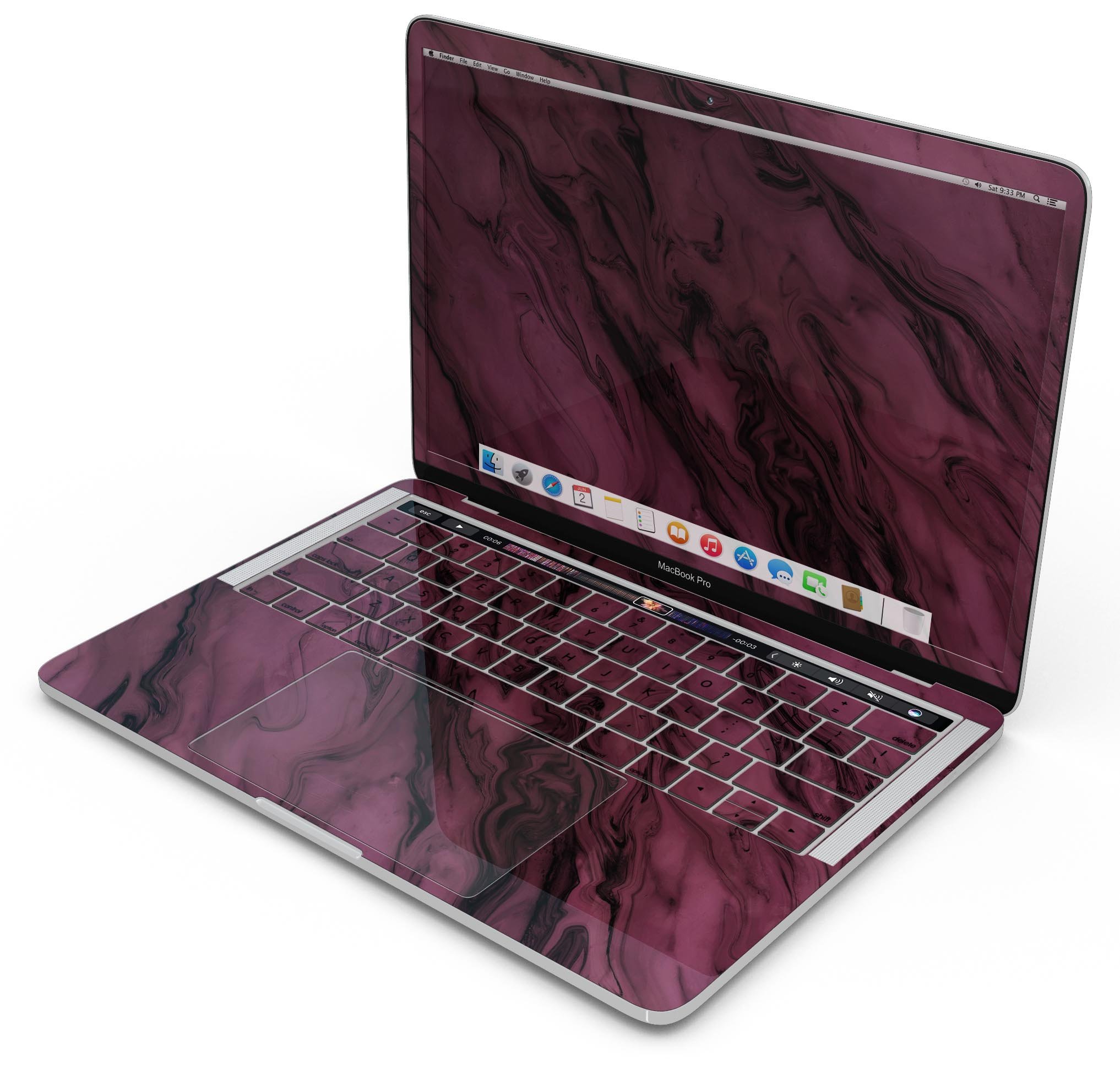 Black & Pink Marble Swirl V1 skin decal wrap kit for MacBook, showcasing a stylish marble design with a glossy finish.