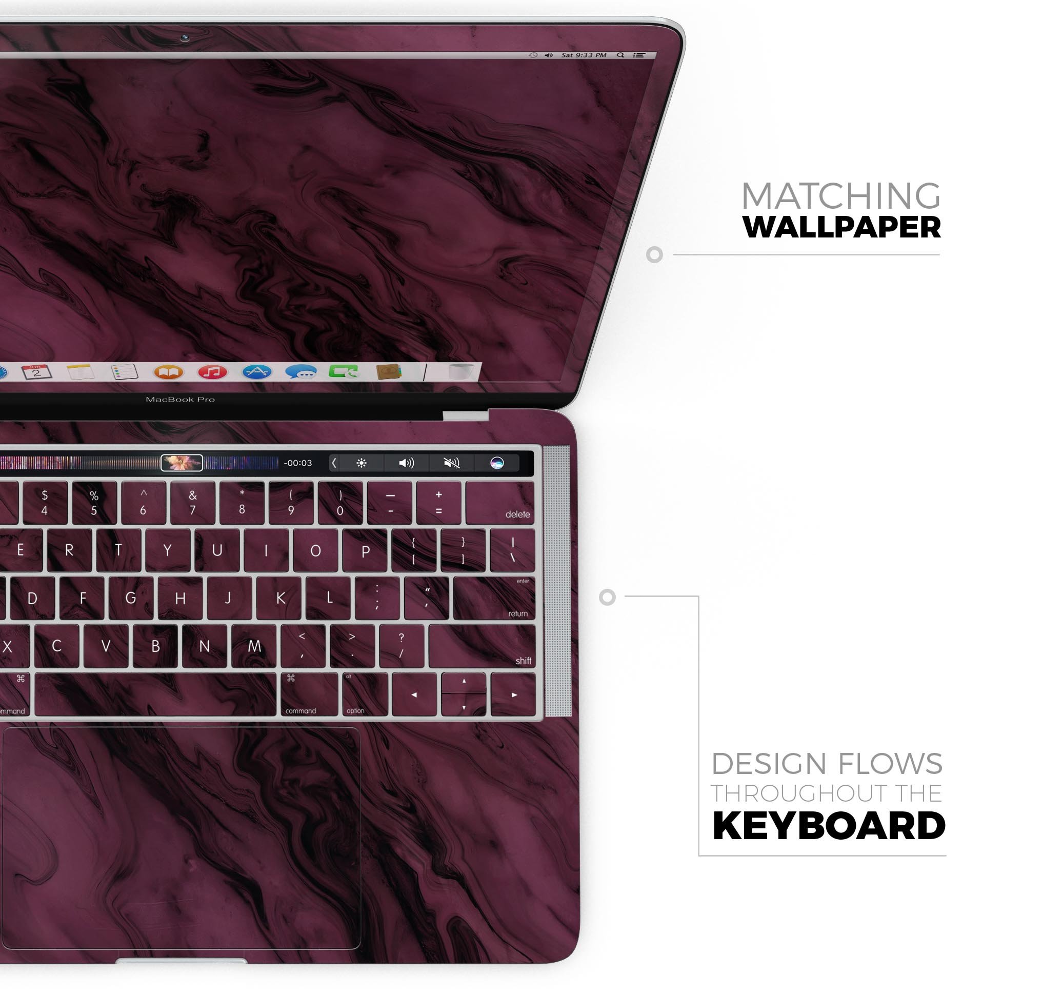 Black & Pink Marble Swirl V1 skin decal wrap kit for MacBook, showcasing a stylish marble design with a glossy finish.