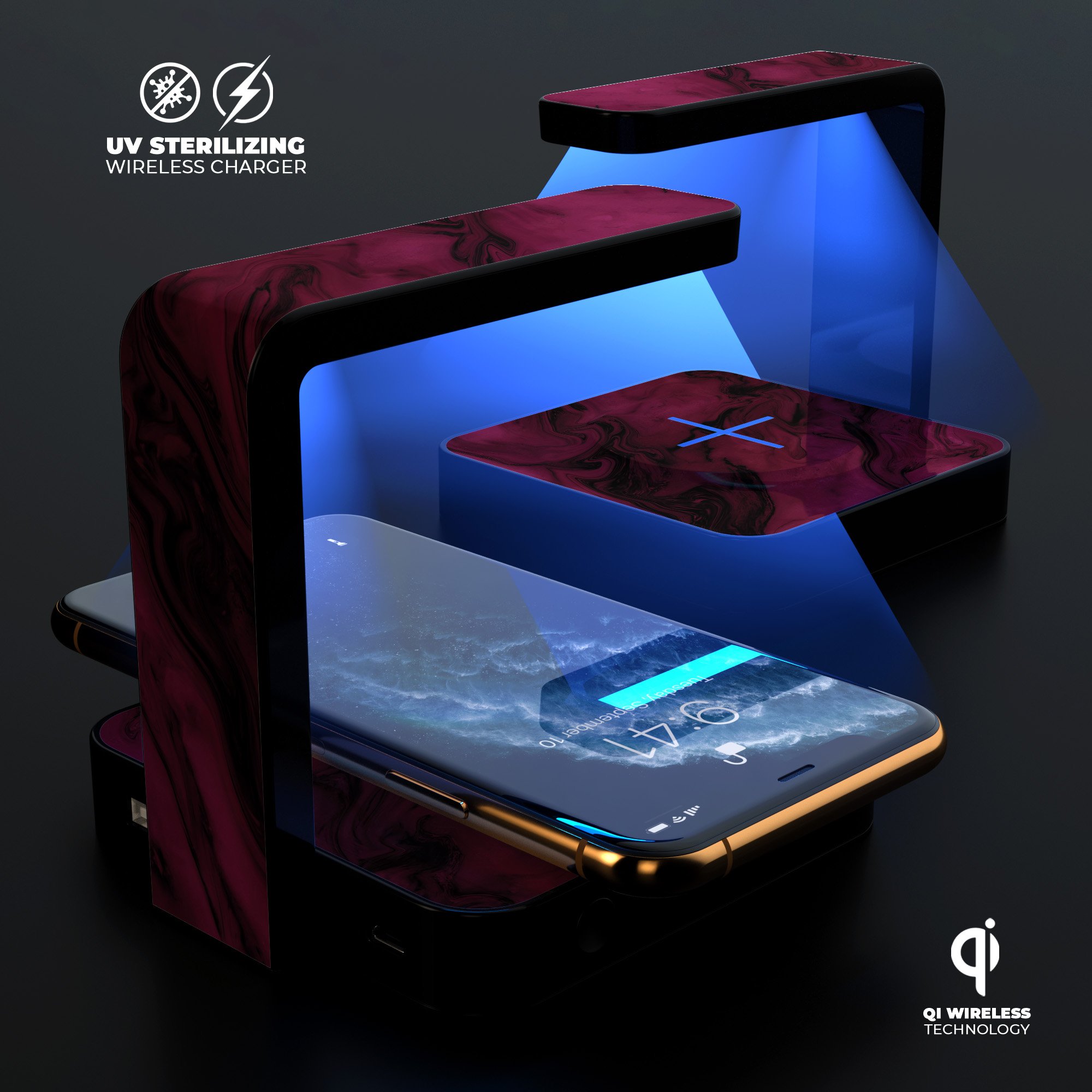 Black and pink marble swirl UV germicidal sanitizing wireless charger with phone on top, showcasing its stylish design and functionality.