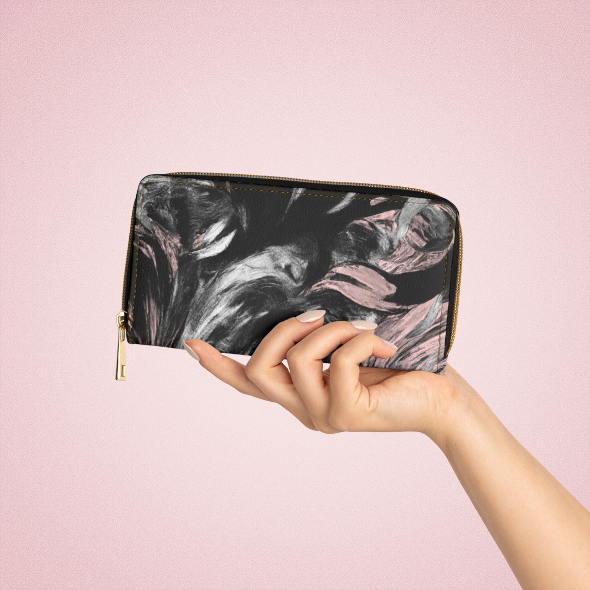Black Pink White Abstract Pattern Womens Zipper Wallet Clutch Purse showcasing its stylish design and functional compartments.