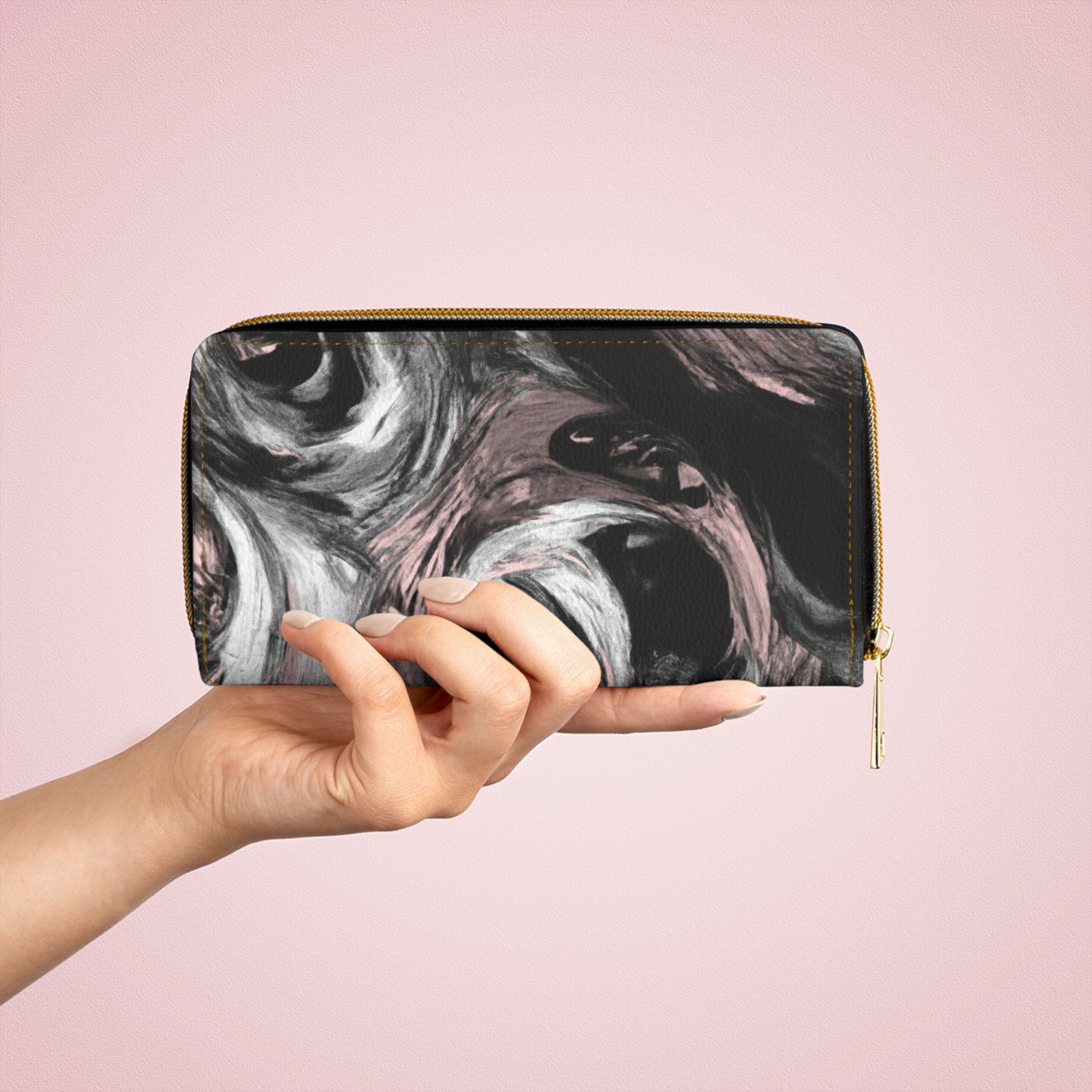 Black Pink White Abstract Pattern Womens Zipper Wallet Clutch Purse showcasing its stylish design and functional compartments.