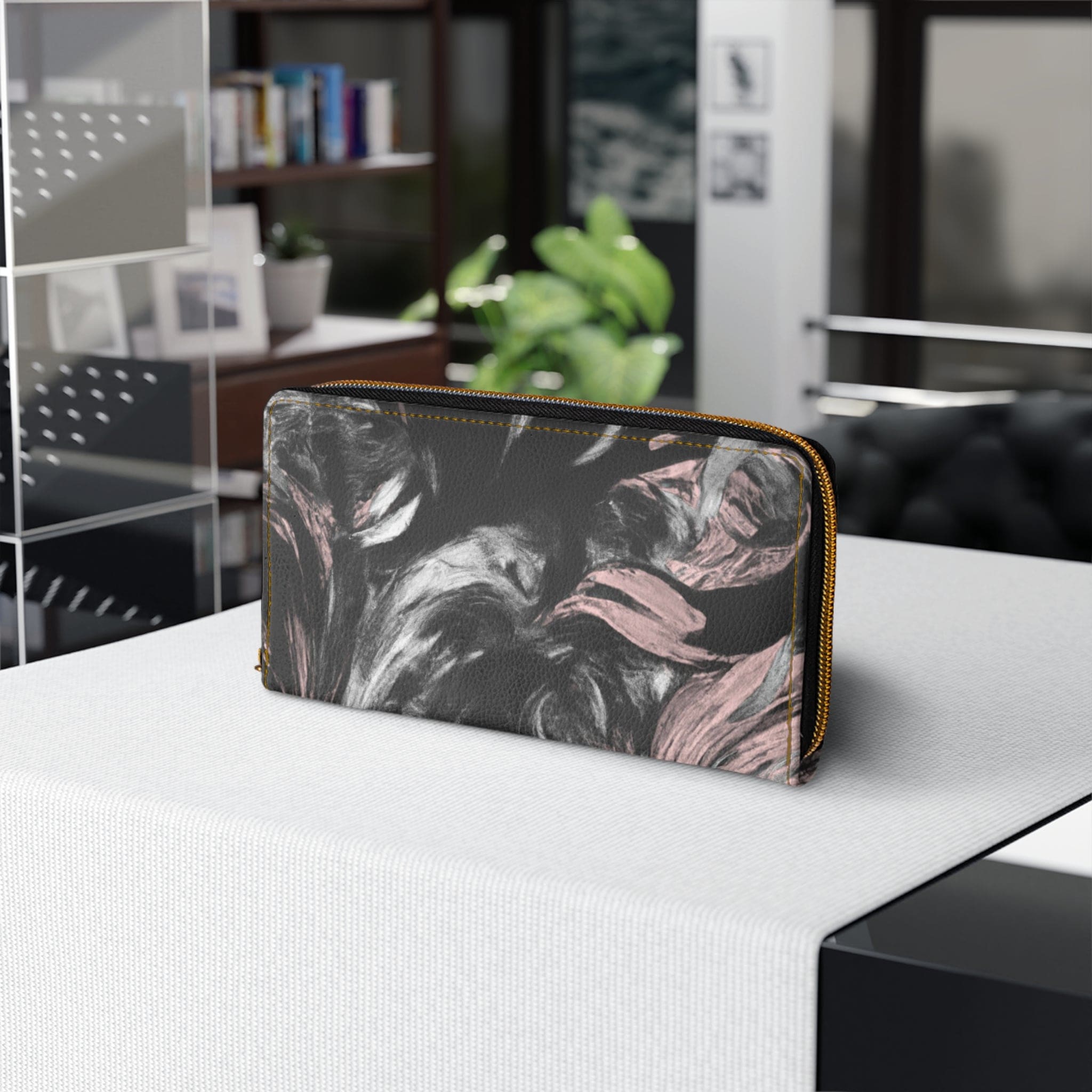 Black Pink White Abstract Pattern Womens Zipper Wallet Clutch Purse showcasing its stylish design and functional compartments.