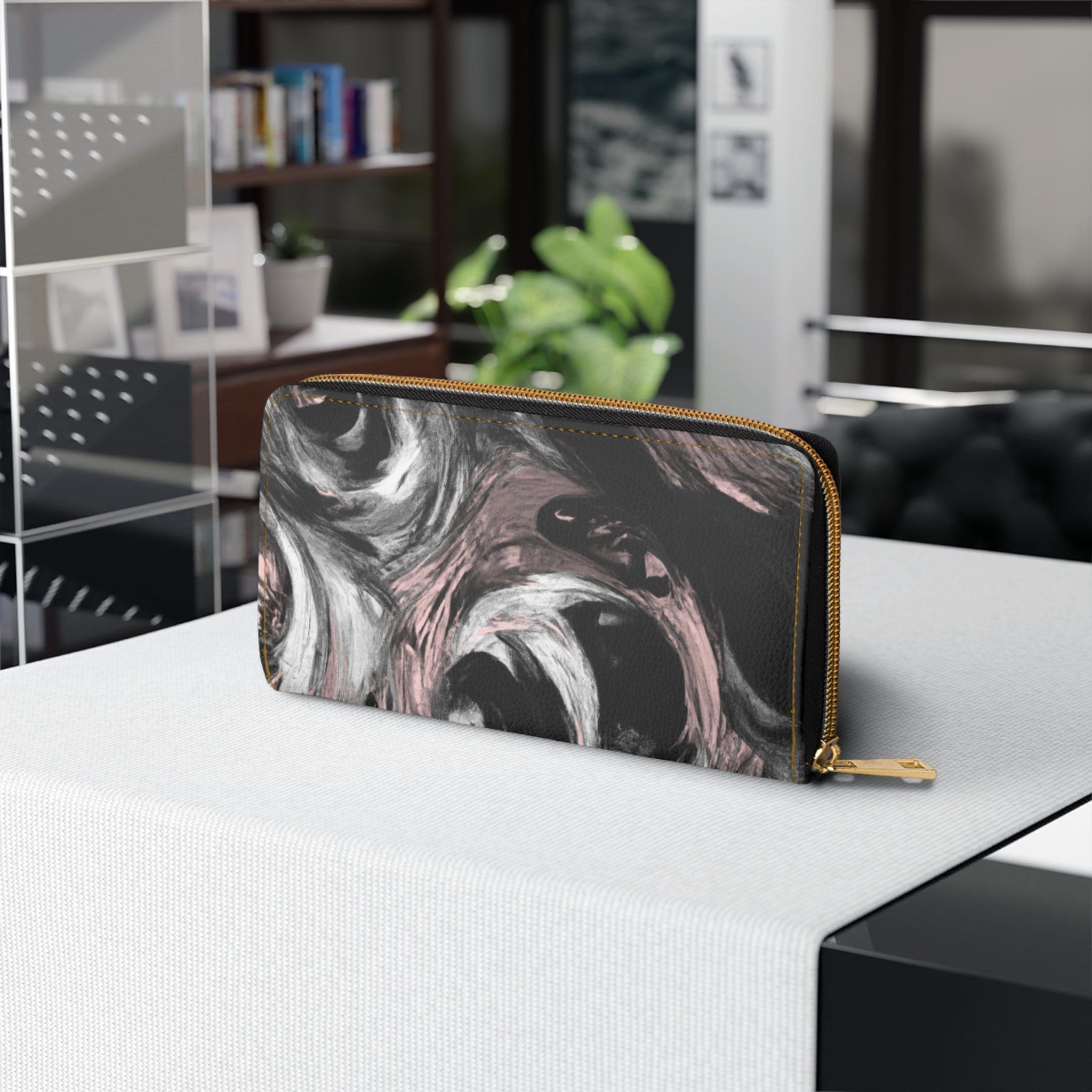 Black Pink White Abstract Pattern Womens Zipper Wallet Clutch Purse showcasing its stylish design and functional compartments.