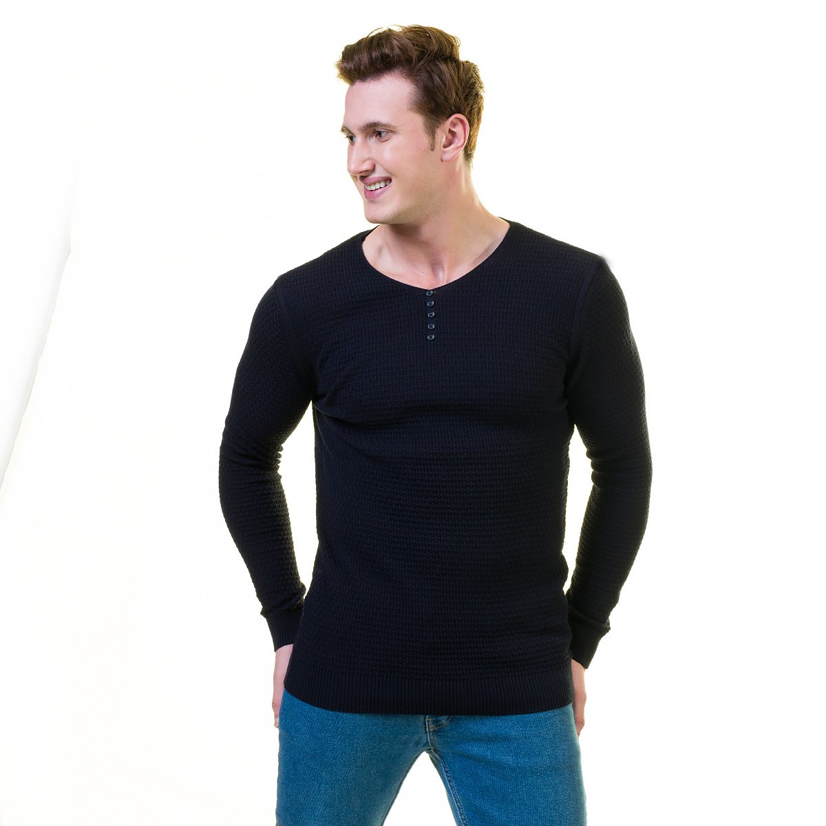 Black rounded neck luxury zippered sweater jacket made from European cotton, featuring a hoodie and long sleeves, perfect for casual and formal wear.