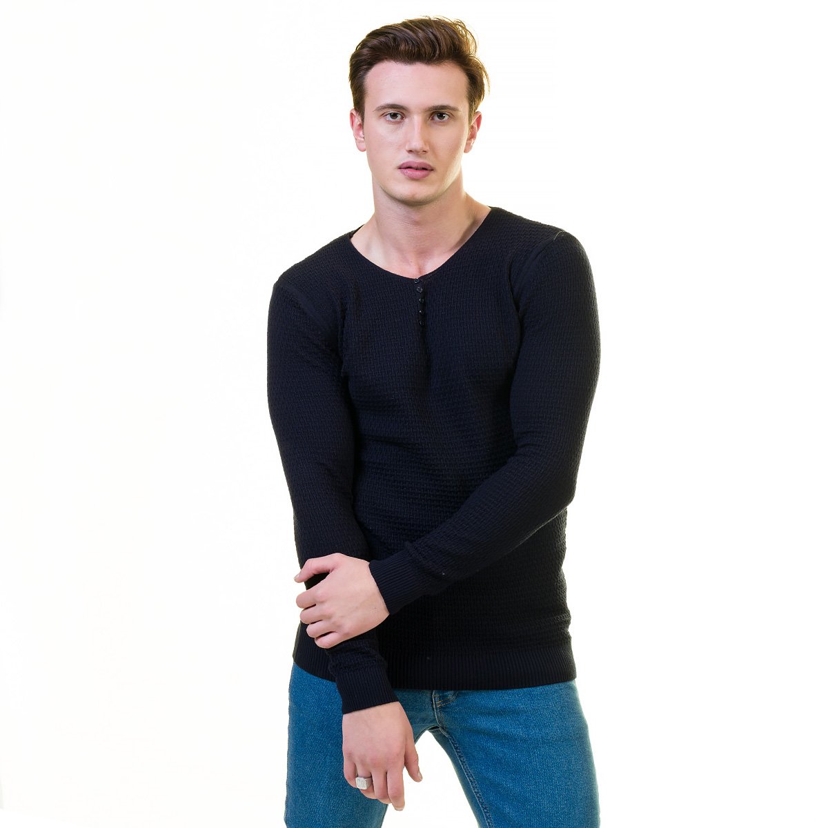 Black rounded neck luxury zippered sweater jacket made from European cotton, featuring a hoodie and long sleeves, perfect for casual and formal wear.