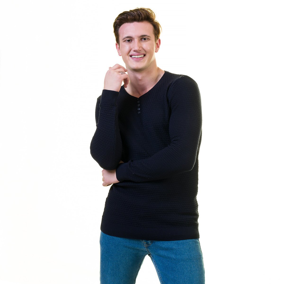 Black rounded neck luxury zippered sweater jacket made from European cotton, featuring a hoodie and long sleeves, perfect for casual and formal wear.