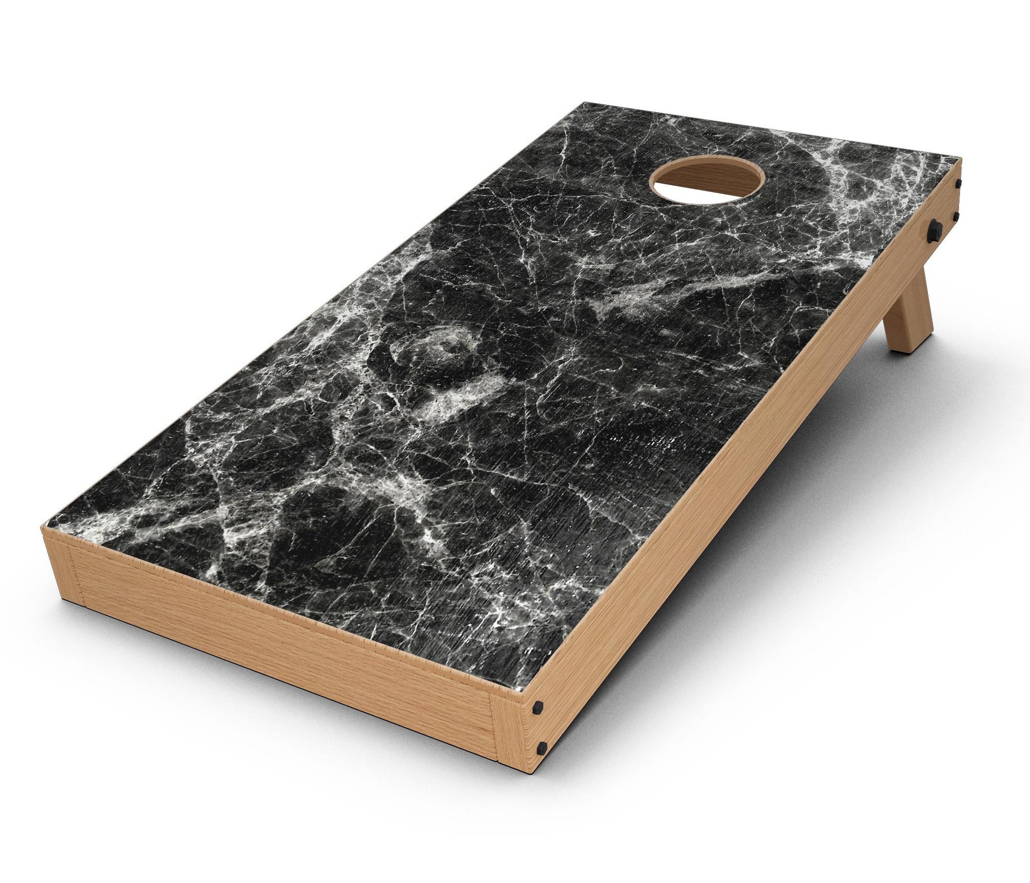 Black Scratched Marble CornHole Board Skin Decal Kit showcasing a stylish vinyl wrap design for Cornhole boards.