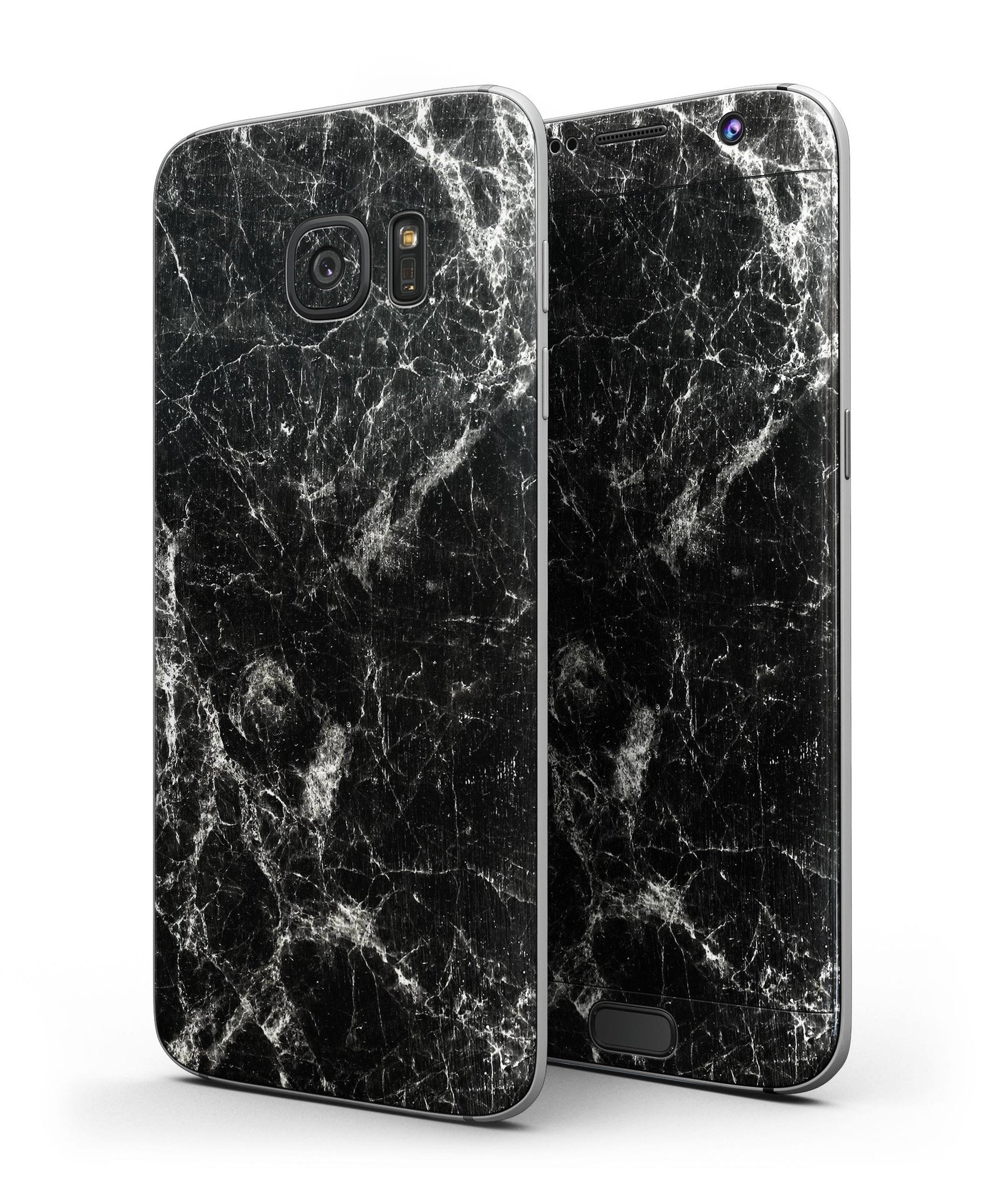 Black Scratched Marble Skin-Kit for Samsung Galaxy S7, showcasing full-body coverage and stylish design.