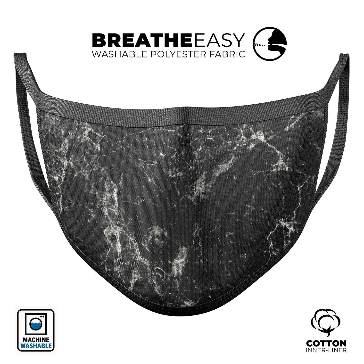 Black Scratched Marble mouth cover, a stylish and comfortable anti-dust mask made in the USA, featuring adjustable ear loops and a soft cotton interior.