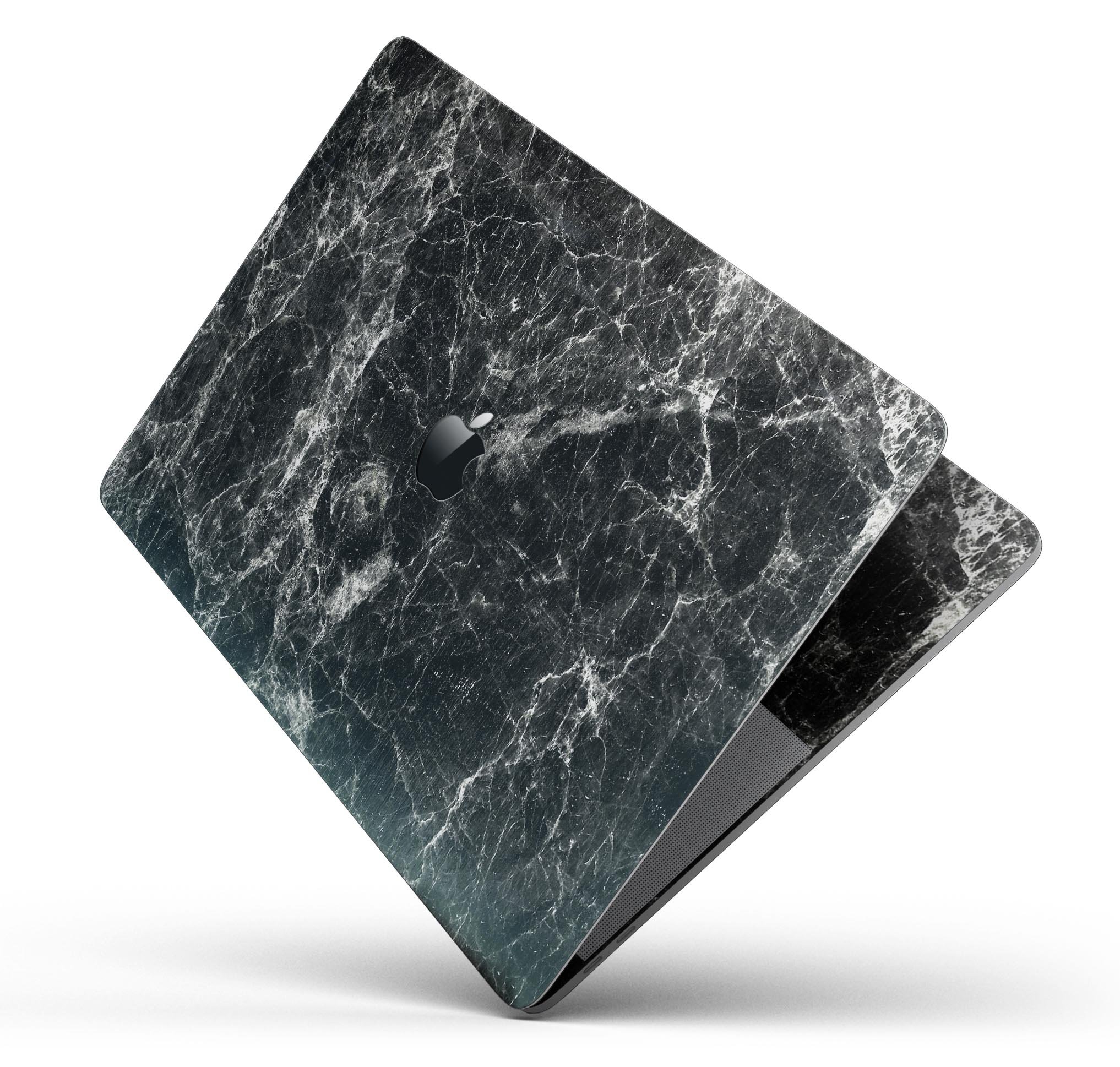 Black Scratched Marble Skin Decal Wrap Kit for MacBook, showcasing a stylish design that protects against scratches.