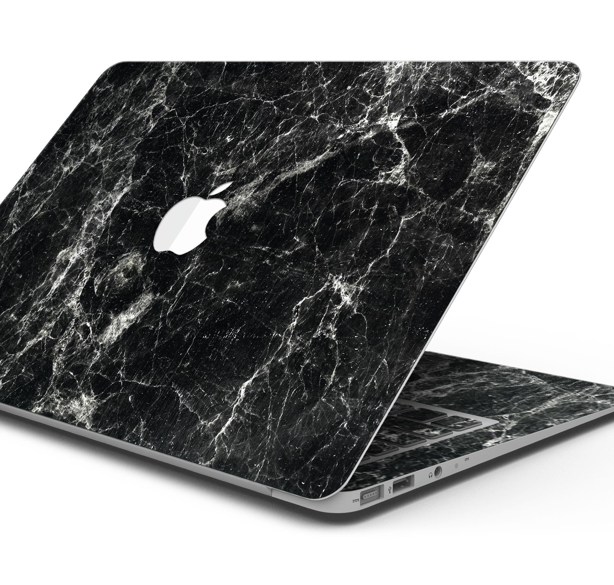 Black Scratched Marble Skin Decal Wrap Kit for MacBook, showcasing a stylish design that protects against scratches.