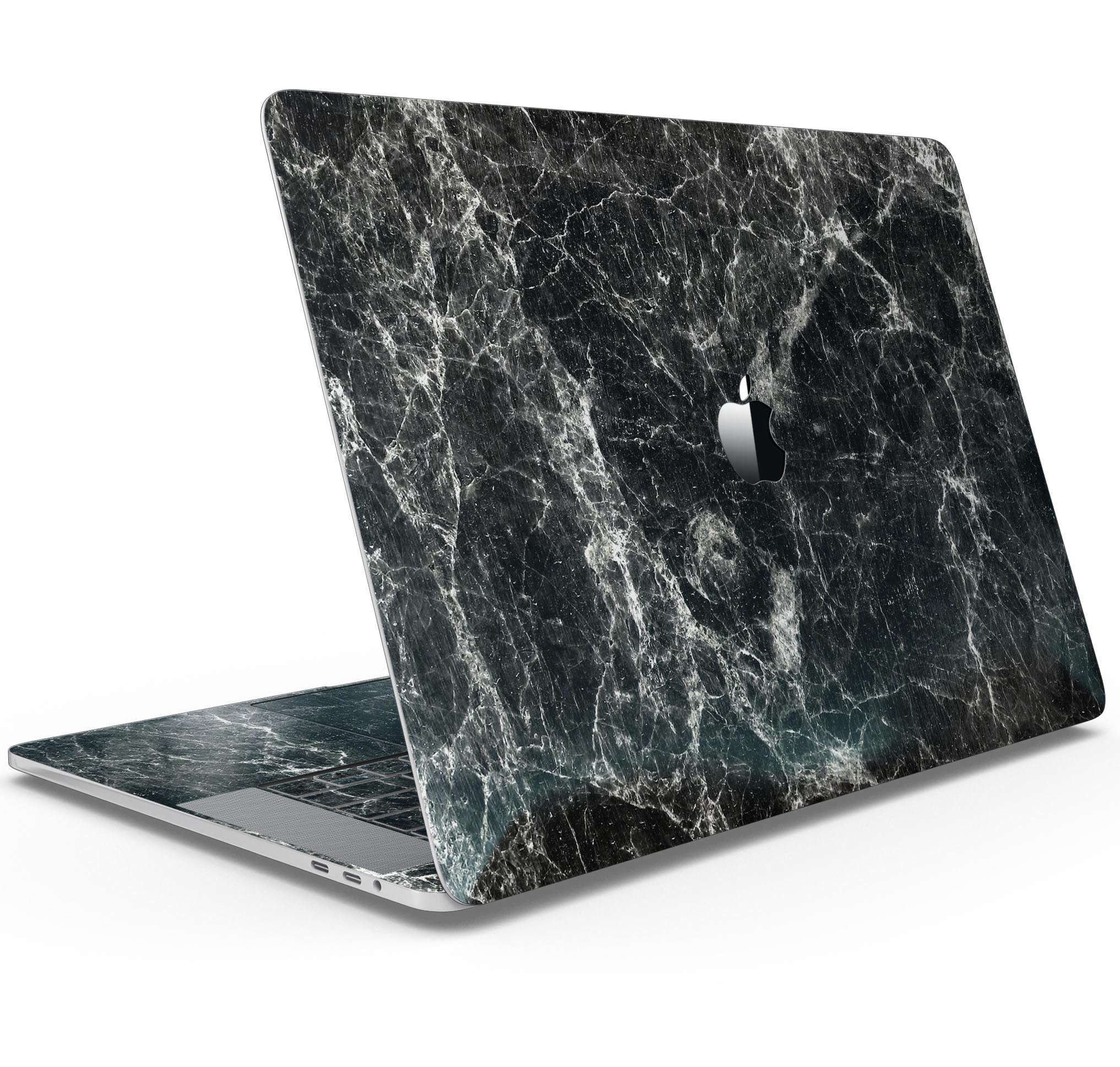 Black Scratched Marble Skin Decal Wrap Kit for MacBook, showcasing a stylish design that protects against scratches.