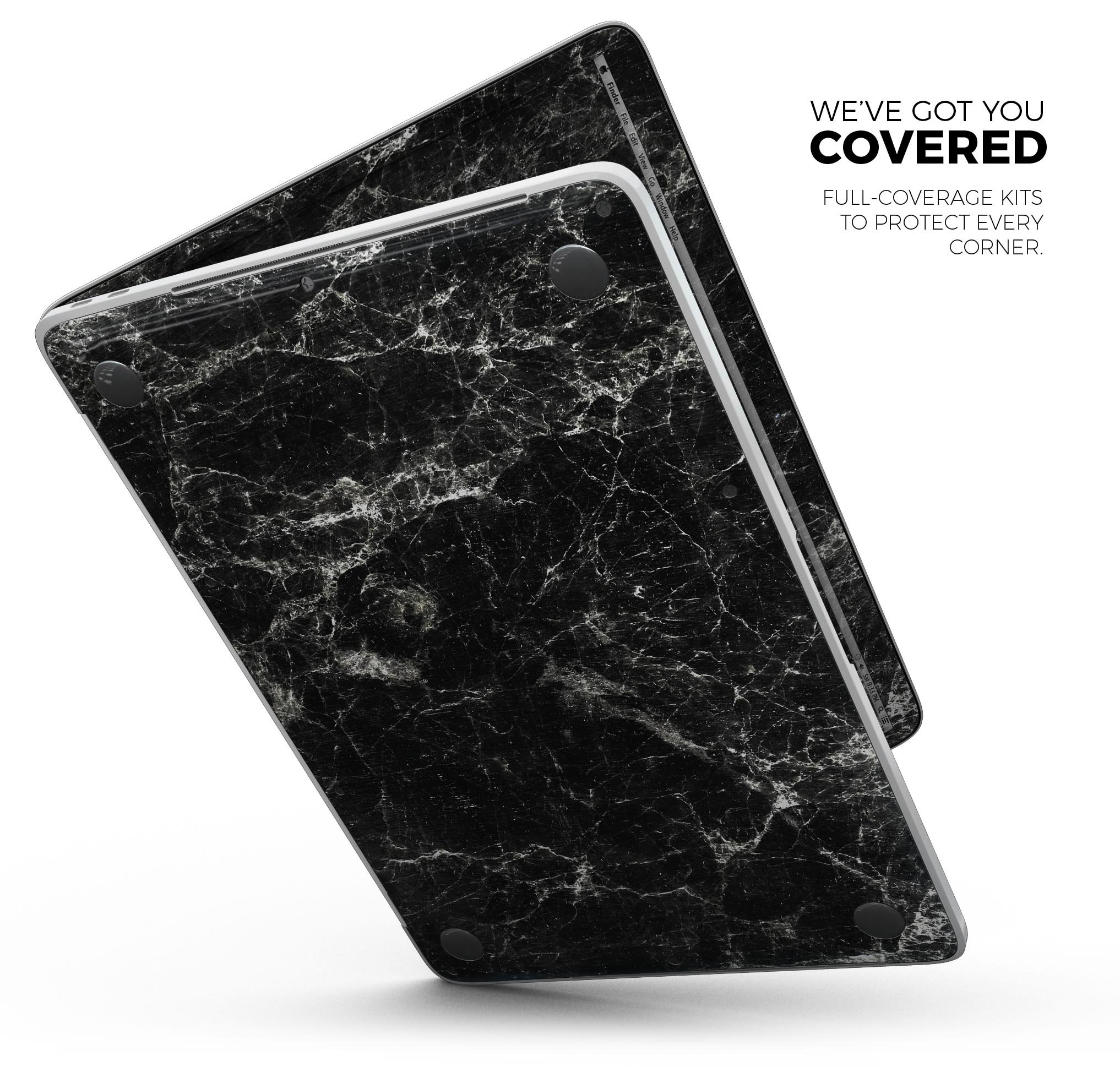 Black Scratched Marble Skin Decal Wrap Kit for MacBook, showcasing a stylish design that protects against scratches.