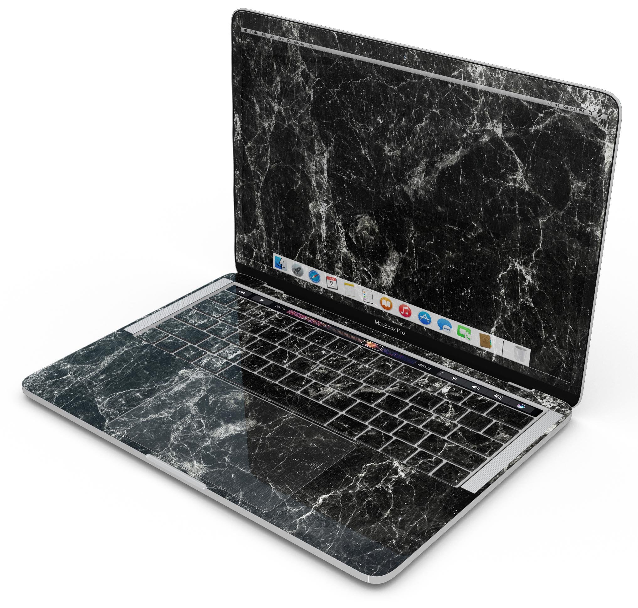Black Scratched Marble Skin Decal Wrap Kit for MacBook, showcasing a stylish design that protects against scratches.