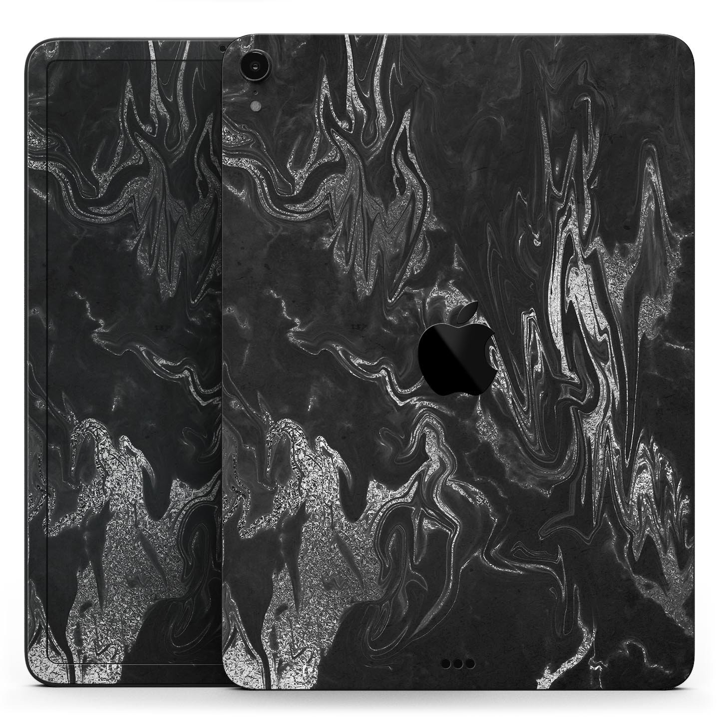 Black and silver marble swirl skin decal for Apple devices, showcasing a stylish design with a premium finish.