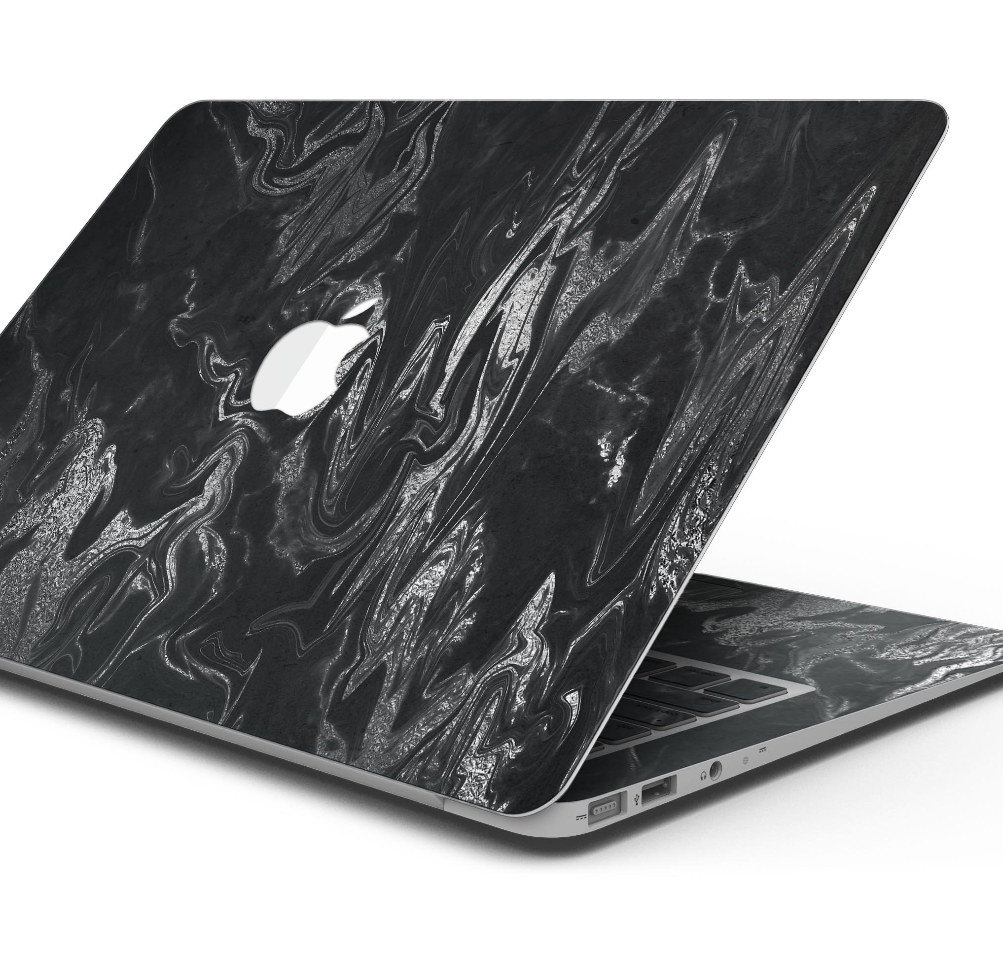 Black & Silver Marble Swirl V1 skin decal wrap kit for MacBook, showcasing a stylish marble design with a premium vinyl finish.