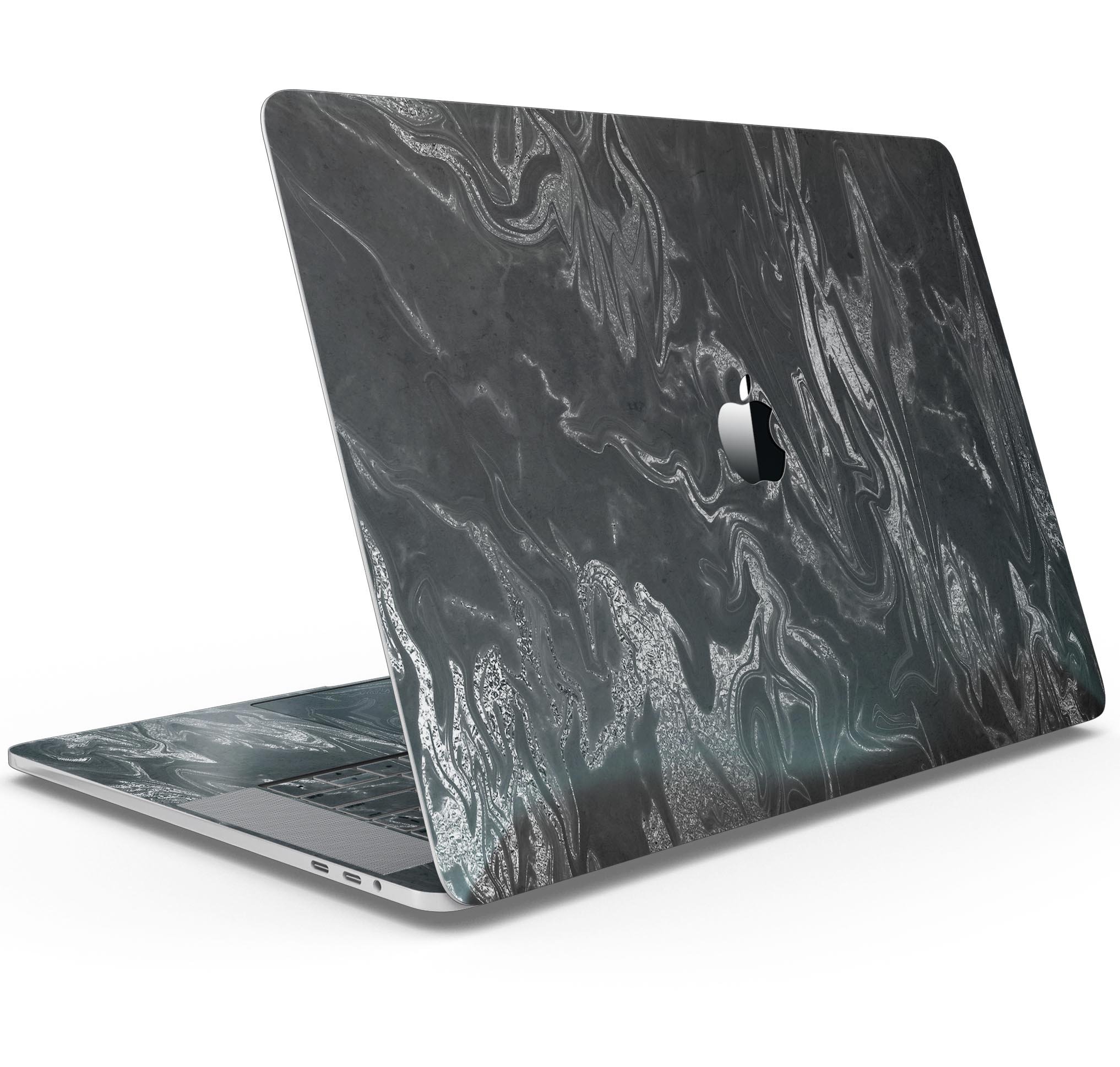 Black & Silver Marble Swirl V1 skin decal wrap kit for MacBook, showcasing a stylish marble design with a premium vinyl finish.