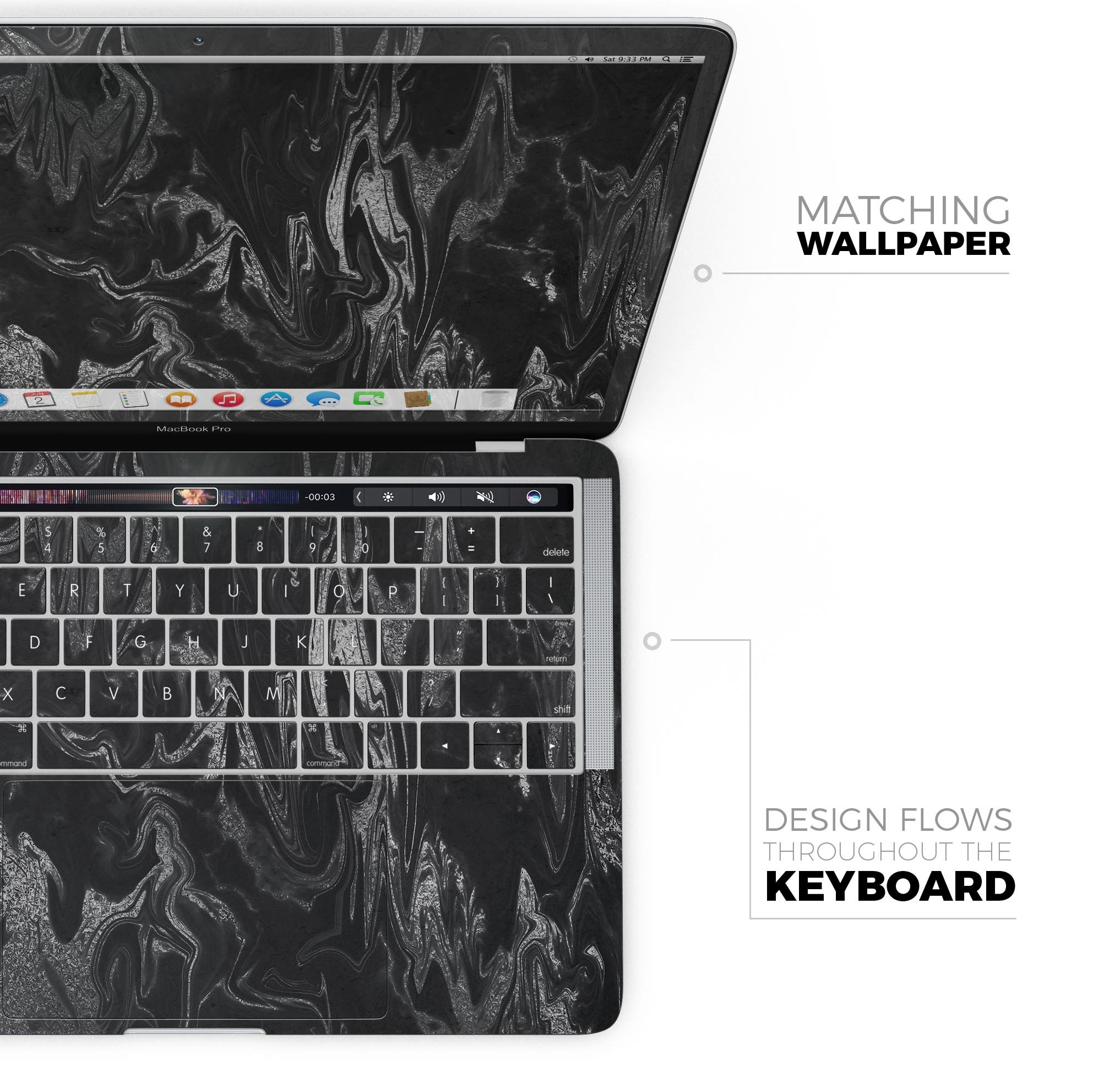 Black & Silver Marble Swirl V1 skin decal wrap kit for MacBook, showcasing a stylish marble design with a premium vinyl finish.