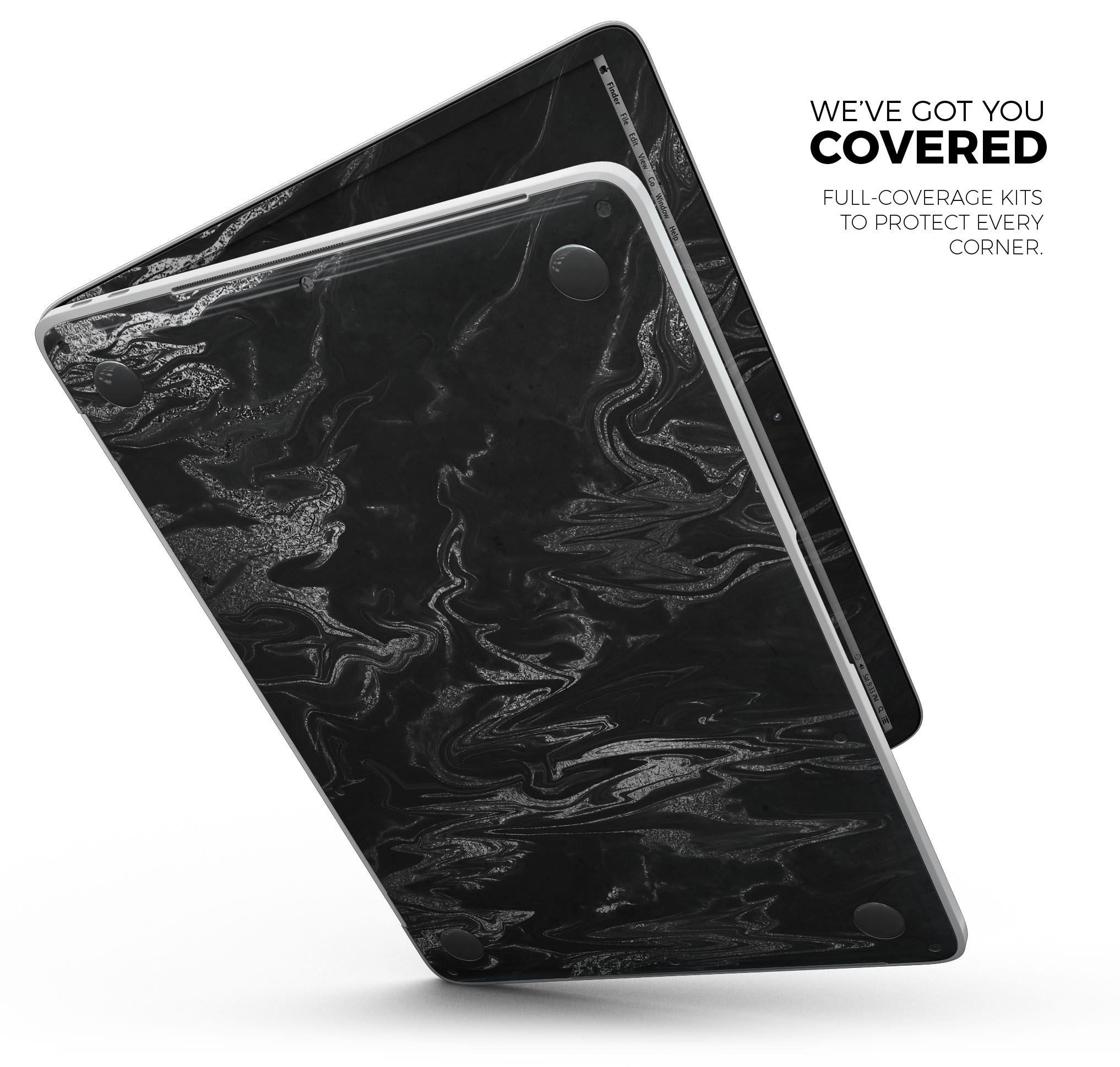 Black & Silver Marble Swirl V1 skin decal wrap kit for MacBook, showcasing a stylish marble design with a premium vinyl finish.