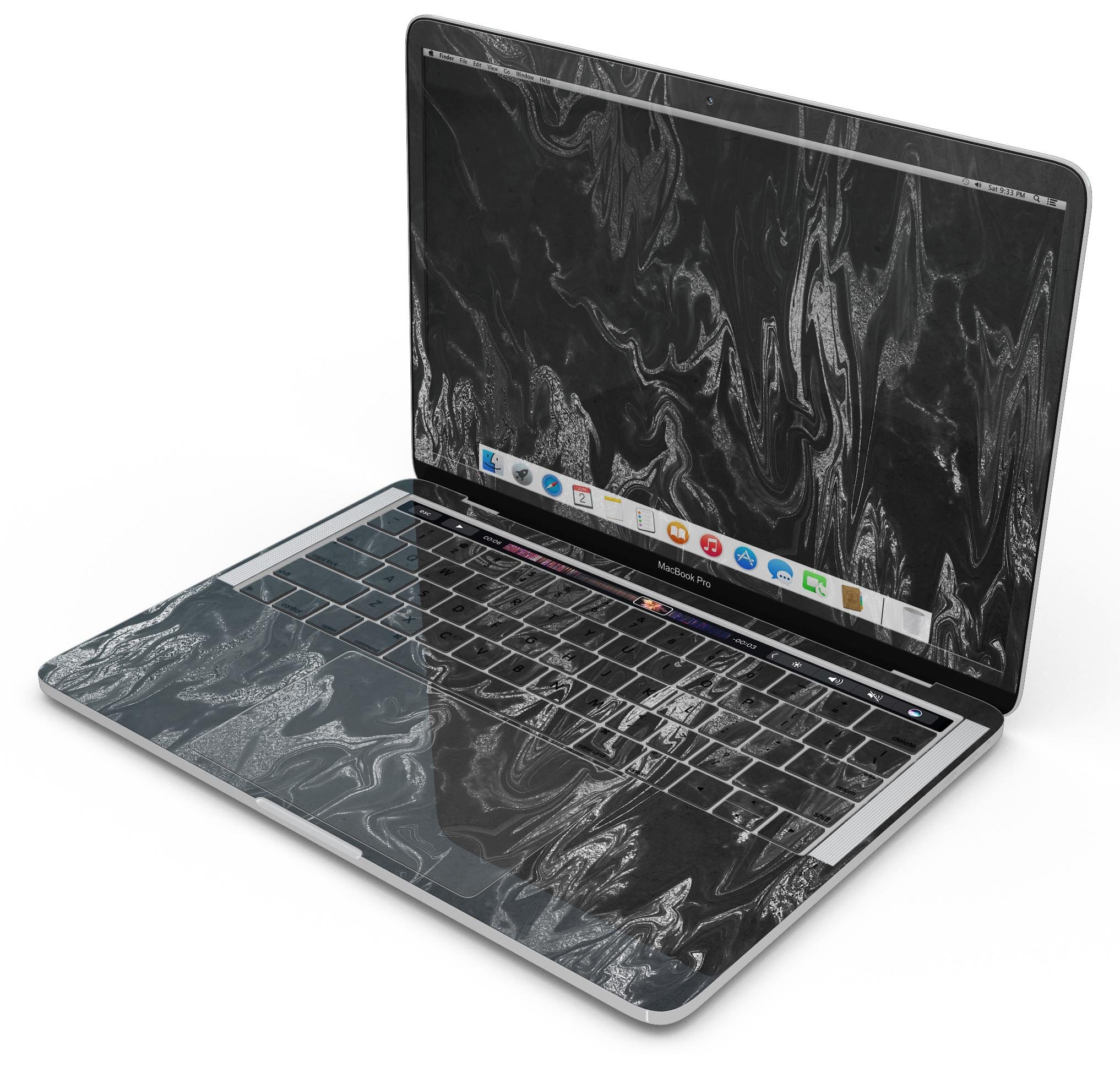 Black & Silver Marble Swirl V1 skin decal wrap kit for MacBook, showcasing a stylish marble design with a premium vinyl finish.