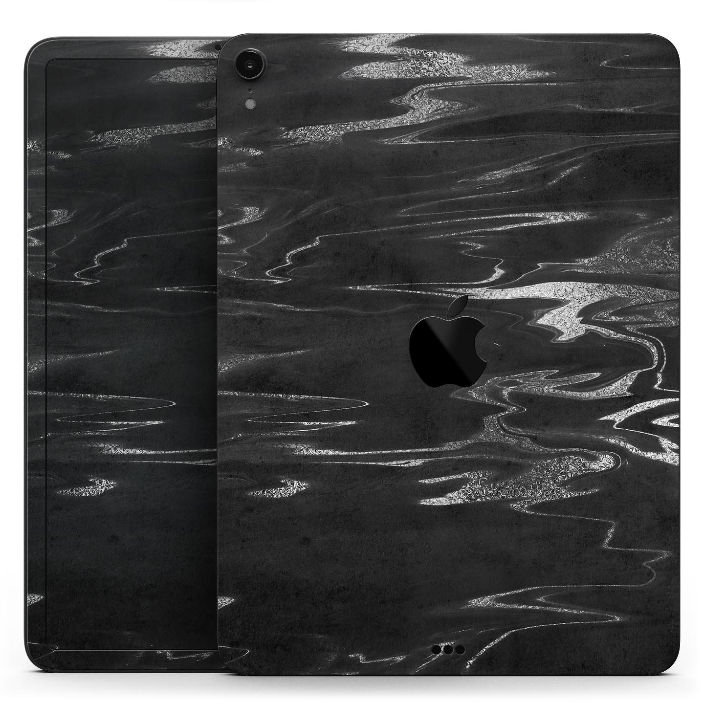Black and silver marble swirl skin decal for Apple devices, showcasing a stylish design with premium finish.