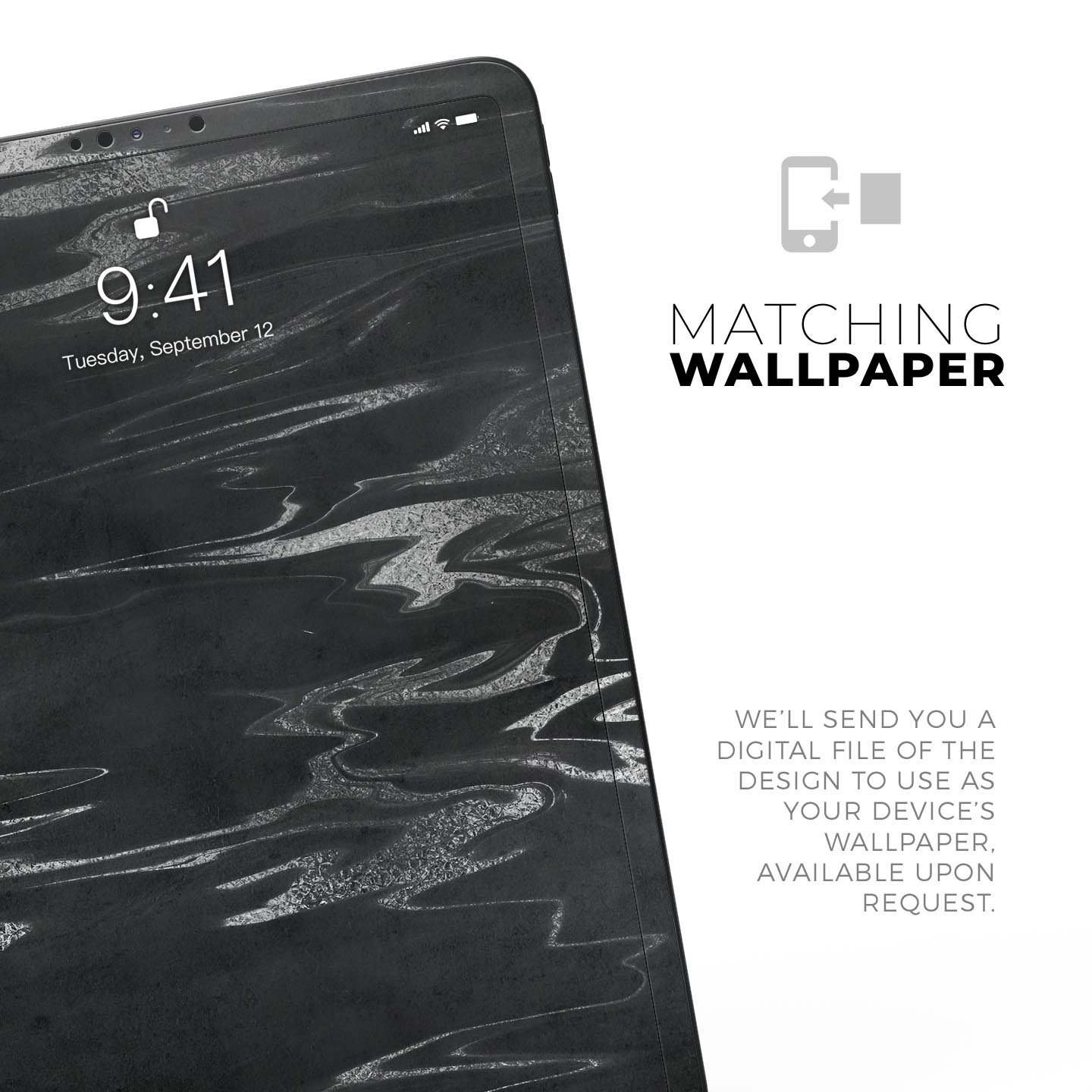 Black and silver marble swirl skin decal for Apple devices, showcasing a stylish design with premium finish.