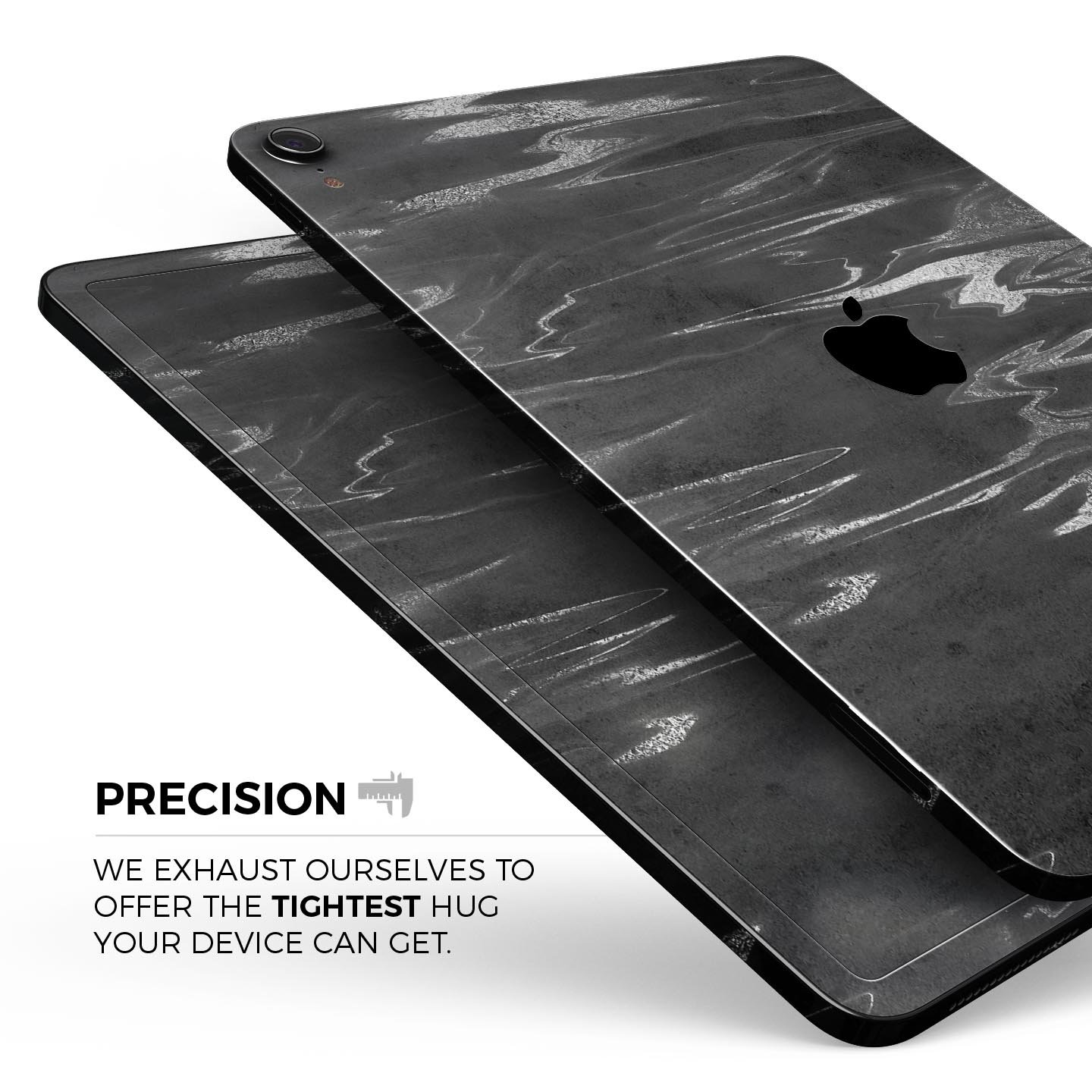 Black and silver marble swirl skin decal for Apple devices, showcasing a stylish design with premium finish.