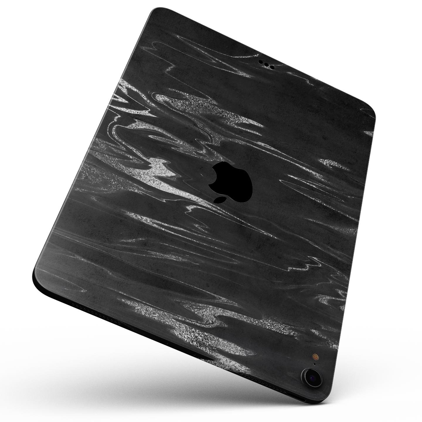 Black and silver marble swirl skin decal for Apple devices, showcasing a stylish design with premium finish.