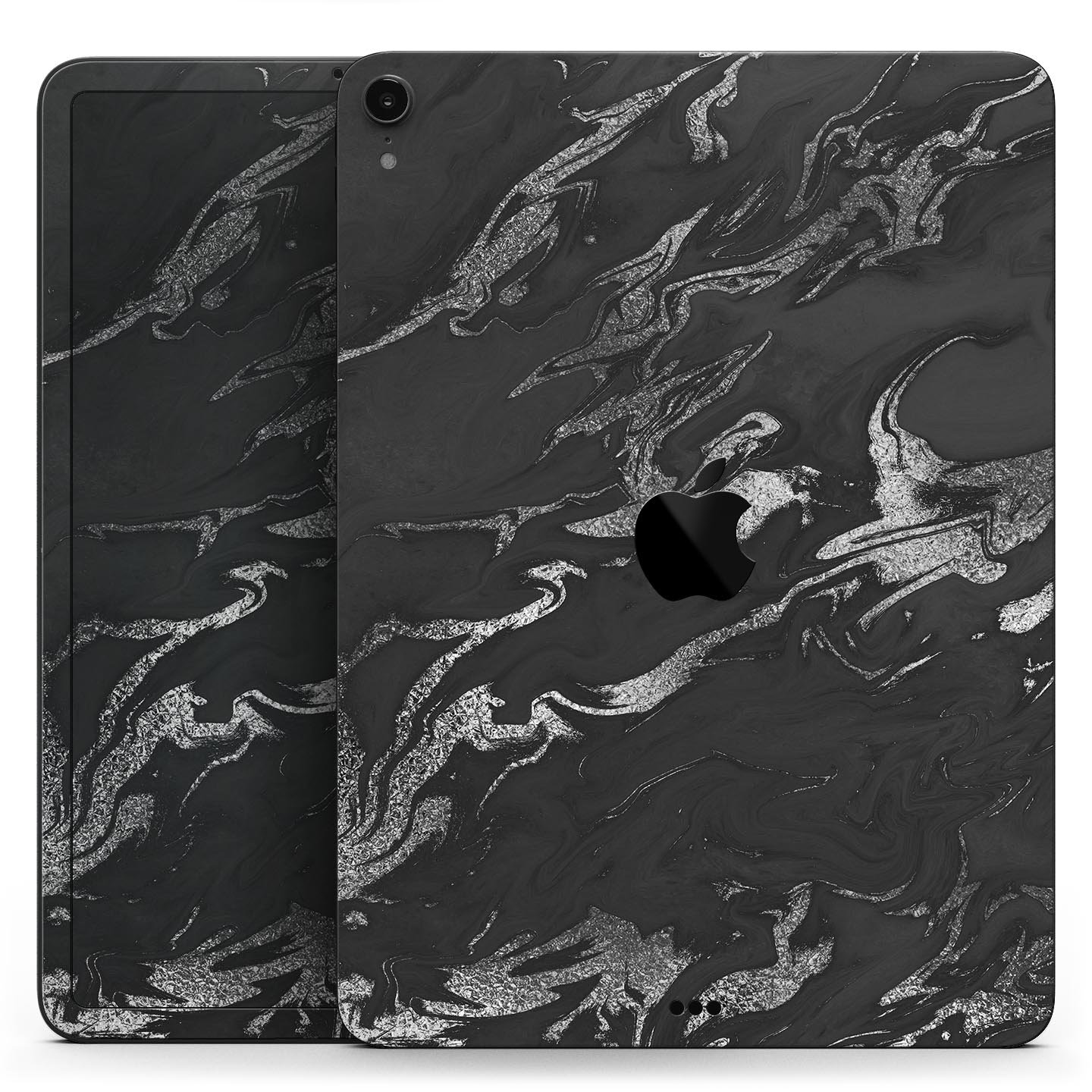 Black and silver marble swirl skin decal for Apple devices, showcasing a stylish design with ultra-thin protection.