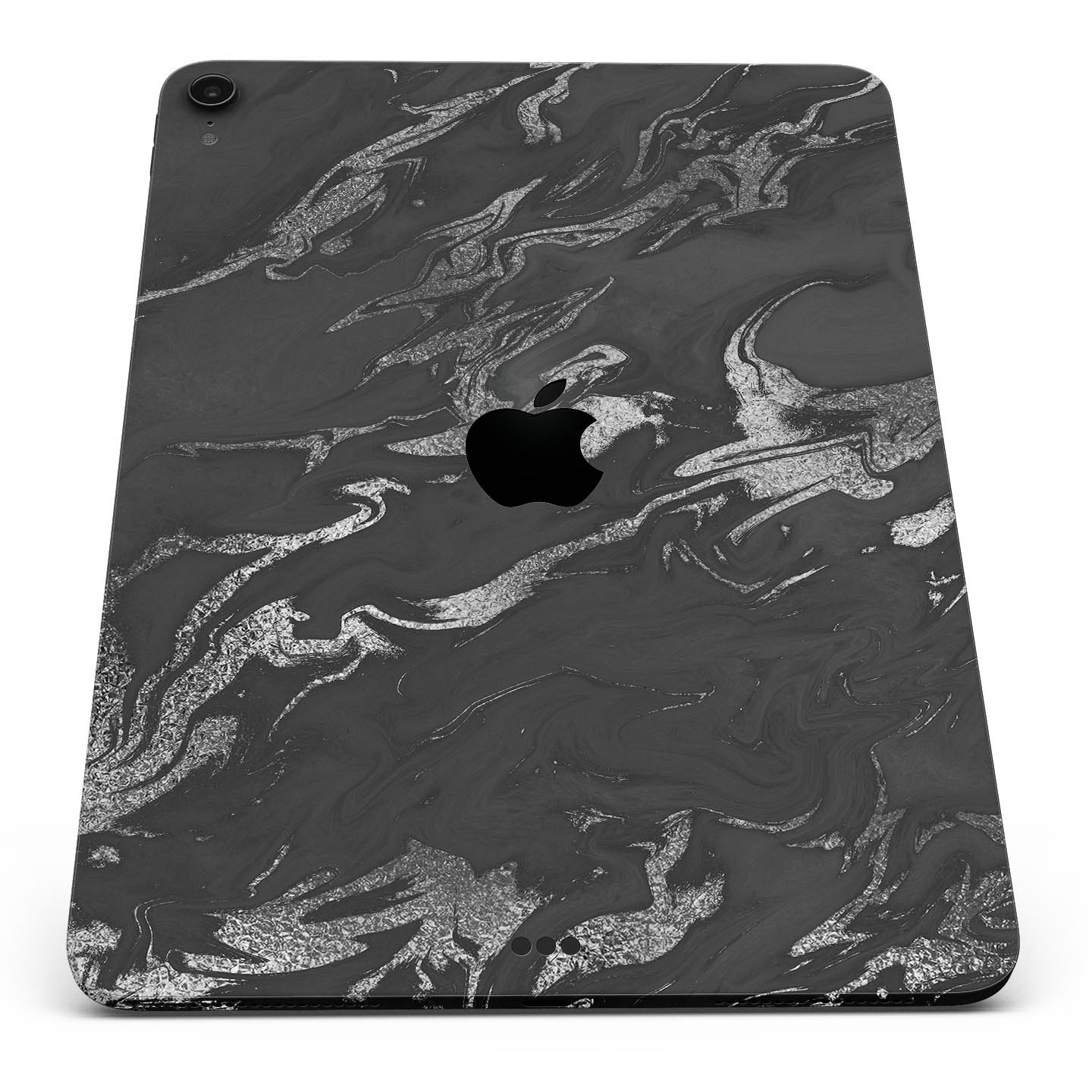 Black and silver marble swirl skin decal for Apple devices, showcasing a stylish design with ultra-thin protection.
