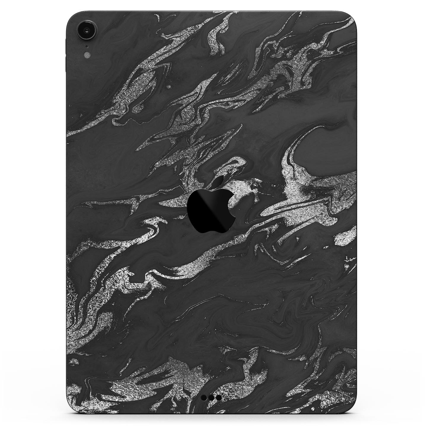 Black and silver marble swirl skin decal for Apple devices, showcasing a stylish design with ultra-thin protection.