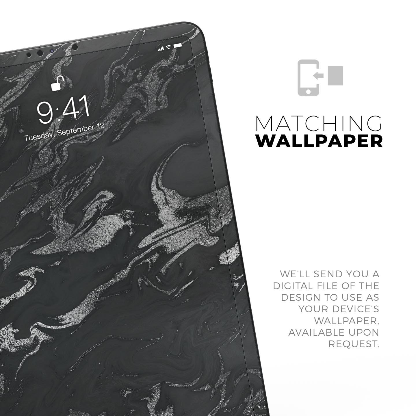 Black and silver marble swirl skin decal for Apple devices, showcasing a stylish design with ultra-thin protection.