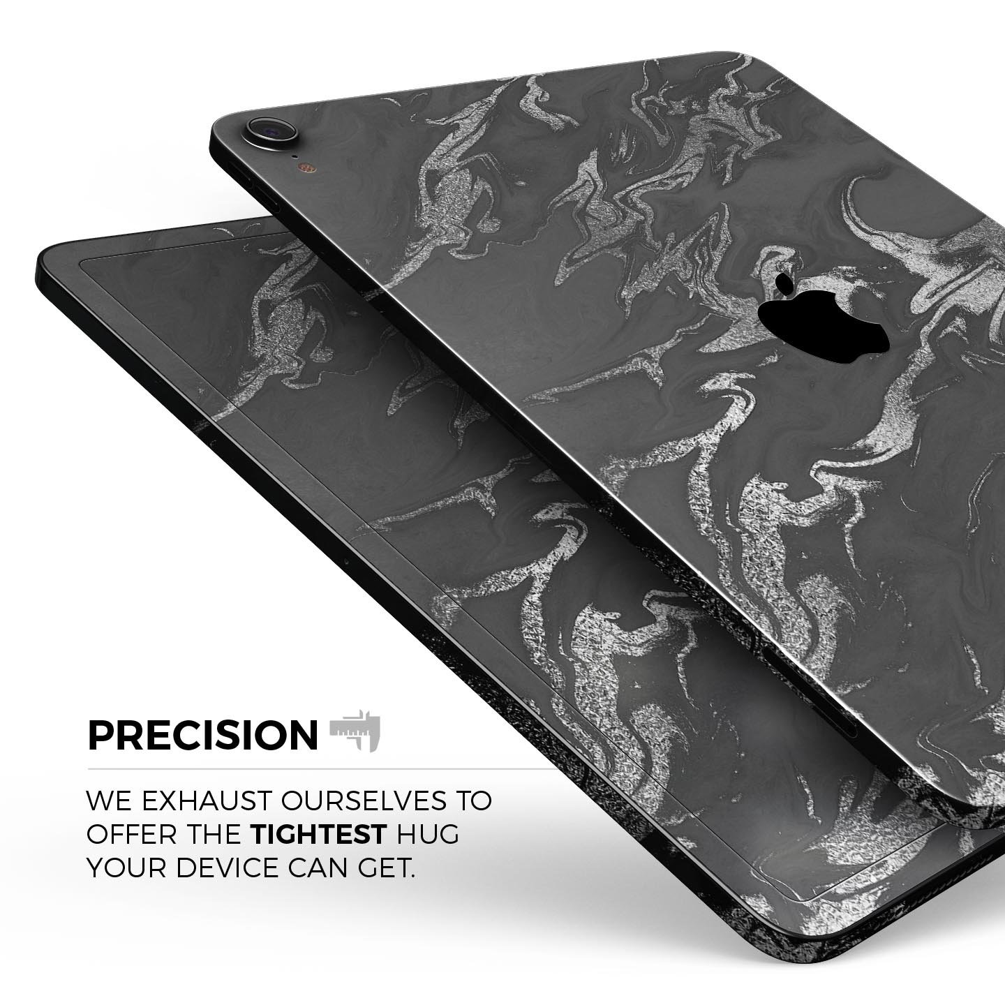 Black and silver marble swirl skin decal for Apple devices, showcasing a stylish design with ultra-thin protection.