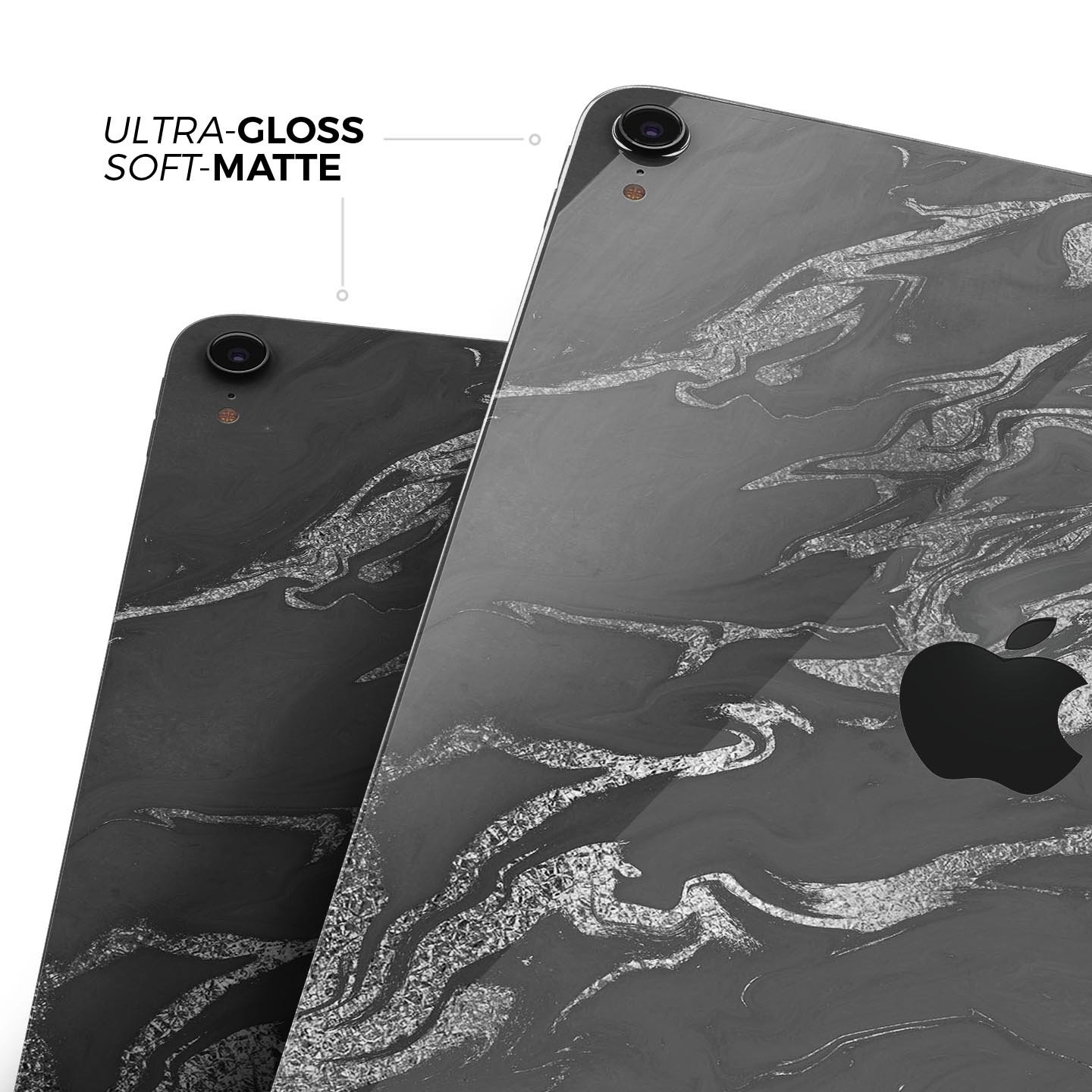 Black and silver marble swirl skin decal for Apple devices, showcasing a stylish design with ultra-thin protection.