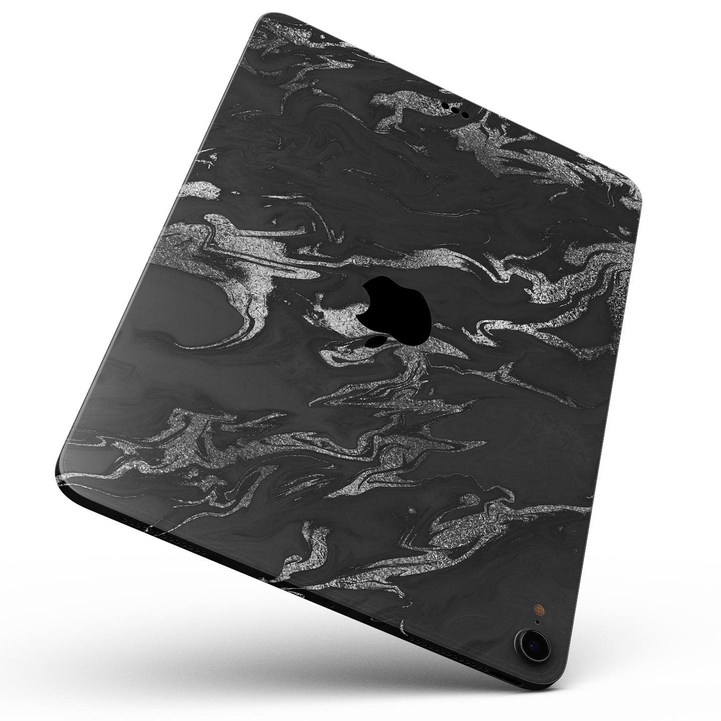 Black and silver marble swirl skin decal for Apple devices, showcasing a stylish design with ultra-thin protection.