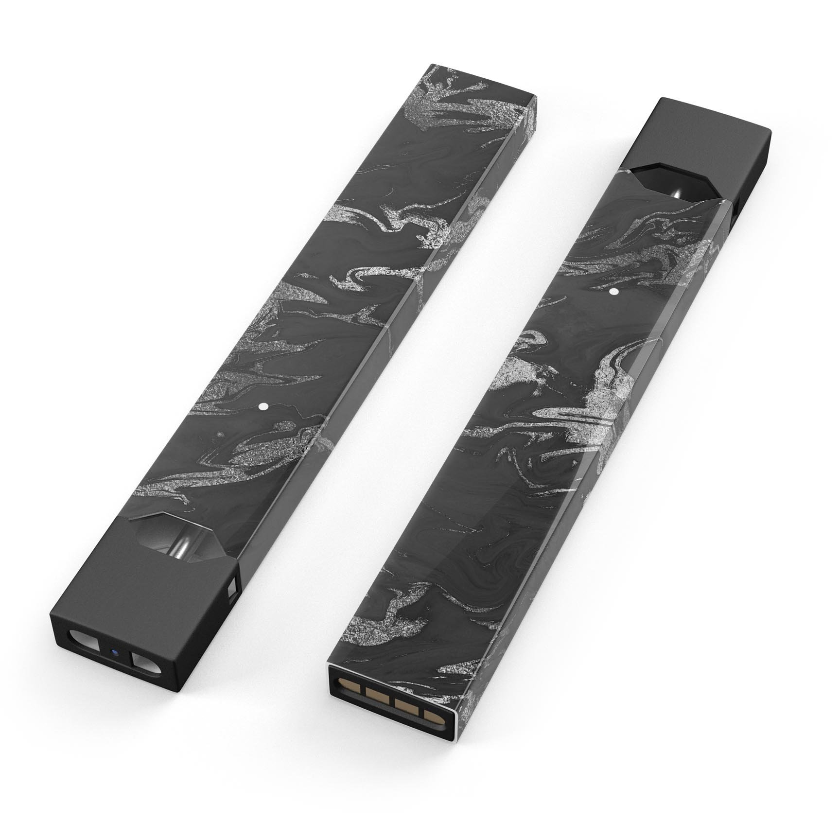 Black and silver marble swirl skin wrap for JUUL vaping device, showcasing a stylish design and protective features.