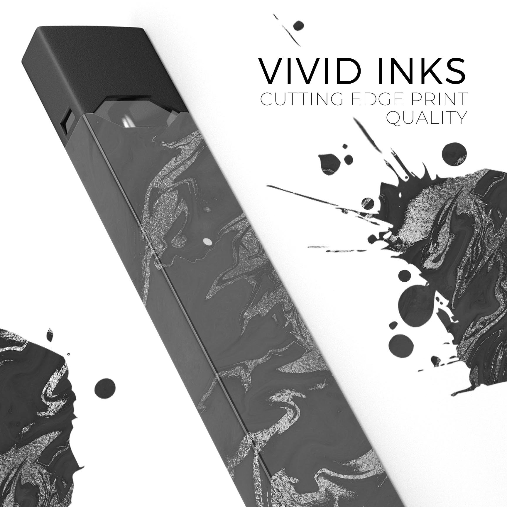 Black and silver marble swirl skin wrap for JUUL vaping device, showcasing a stylish design and protective features.