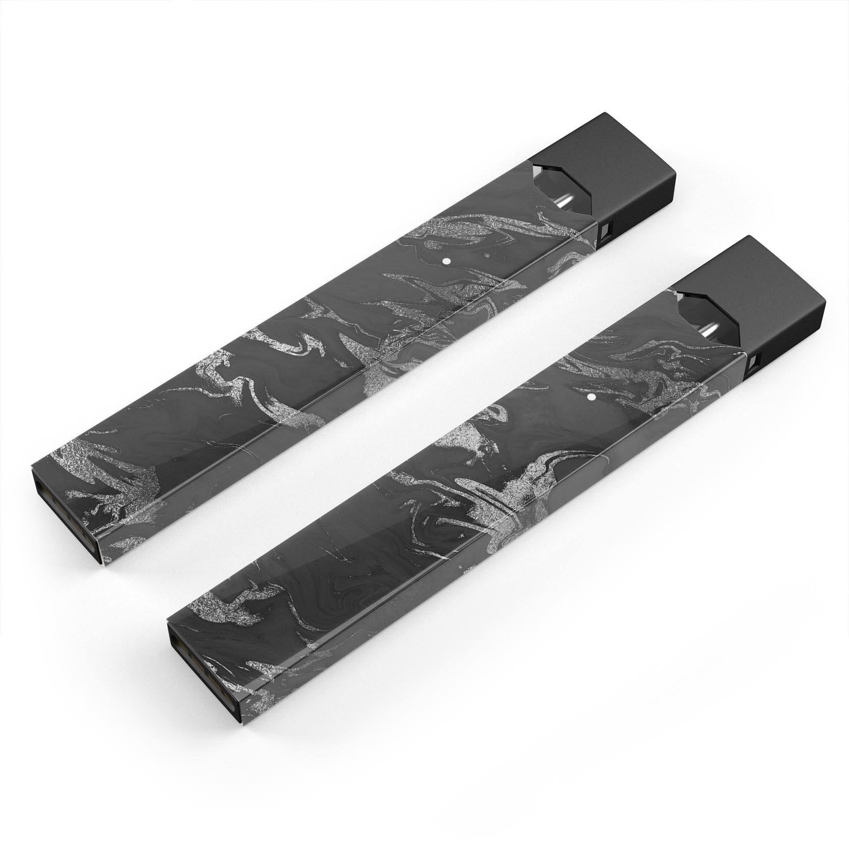 Black and silver marble swirl skin wrap for JUUL vaping device, showcasing a stylish design and protective features.