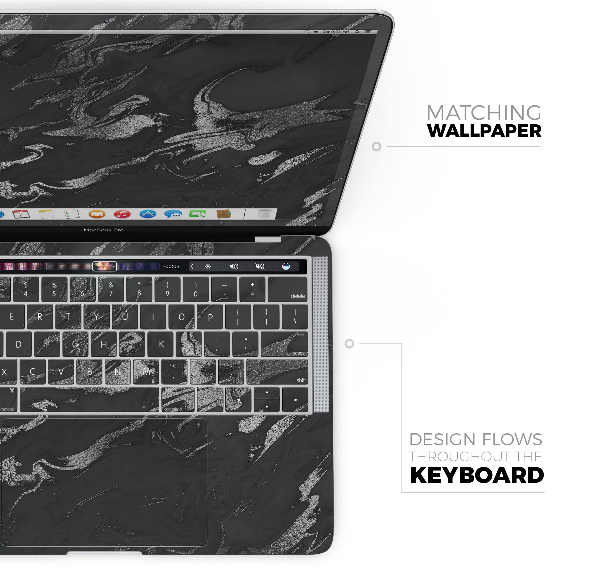Black & Silver Marble Swirl V3 skin decal wrap kit for MacBook, showcasing a stylish marble design with a glossy finish.