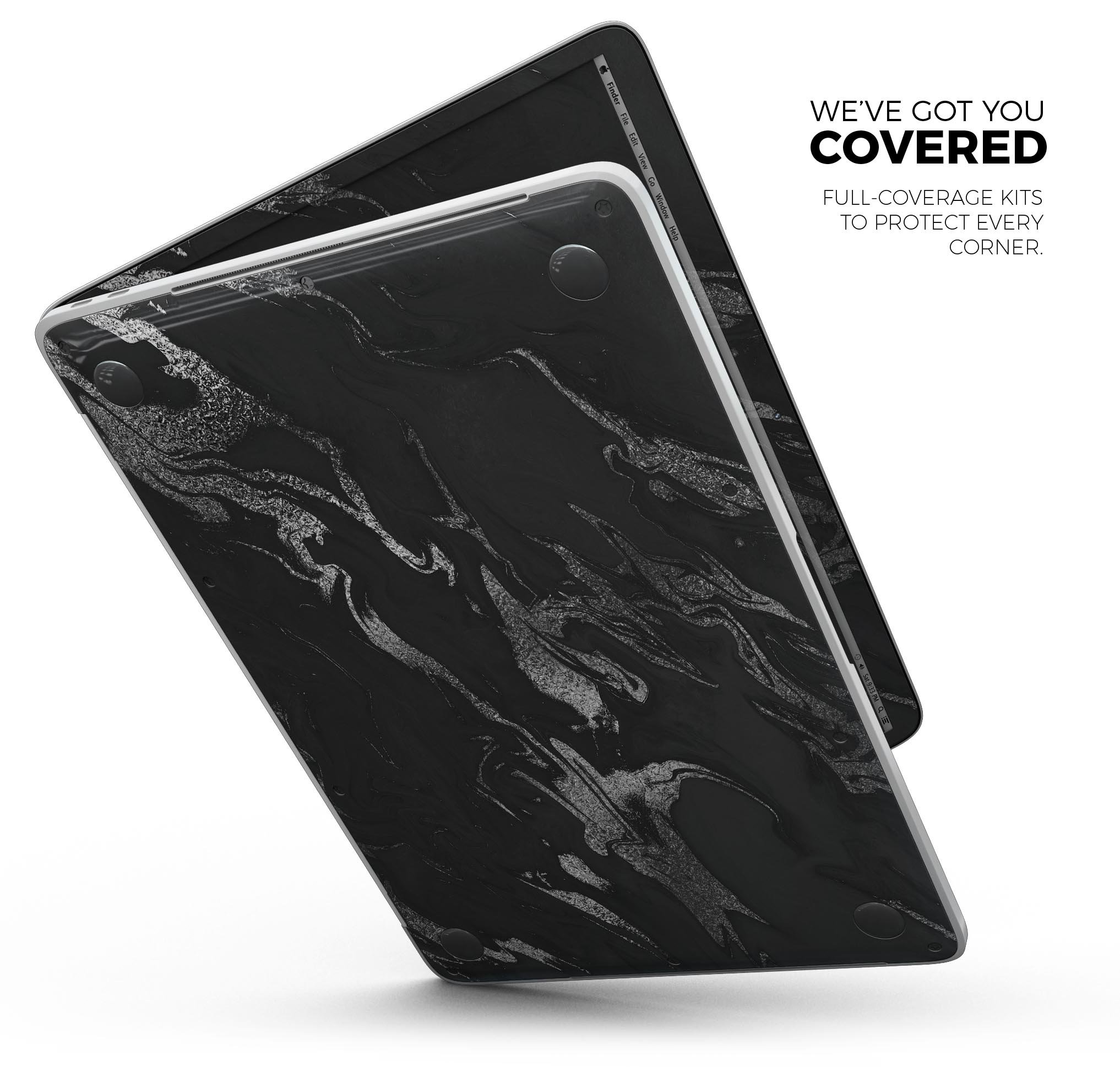Black & Silver Marble Swirl V3 skin decal wrap kit for MacBook, showcasing a stylish marble design with a glossy finish.
