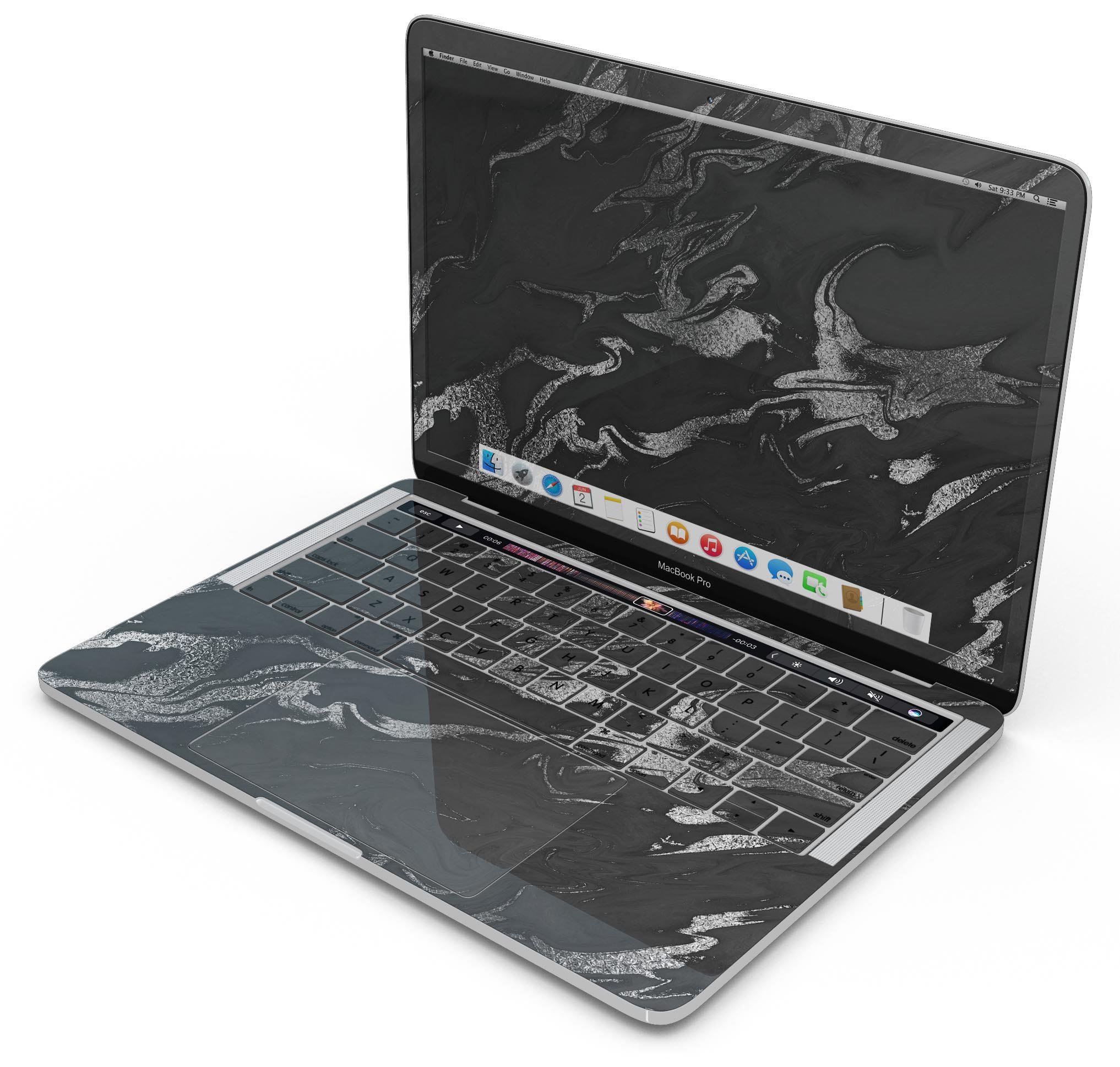 Black & Silver Marble Swirl V3 skin decal wrap kit for MacBook, showcasing a stylish marble design with a glossy finish.