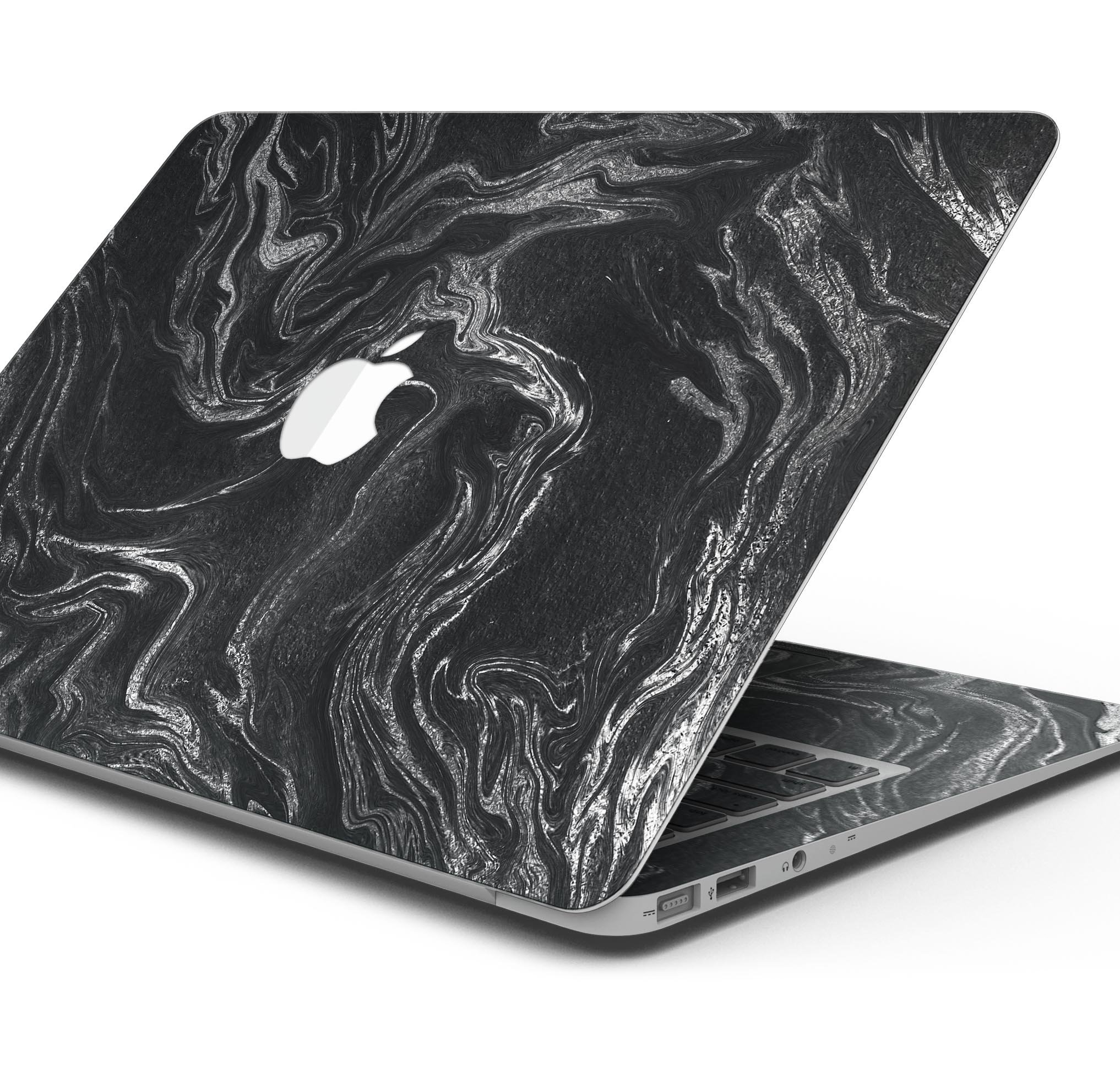Black & Silver Marble Swirl V4 skin decal wrap kit for MacBook, showcasing a stylish marble design with a premium vinyl finish.